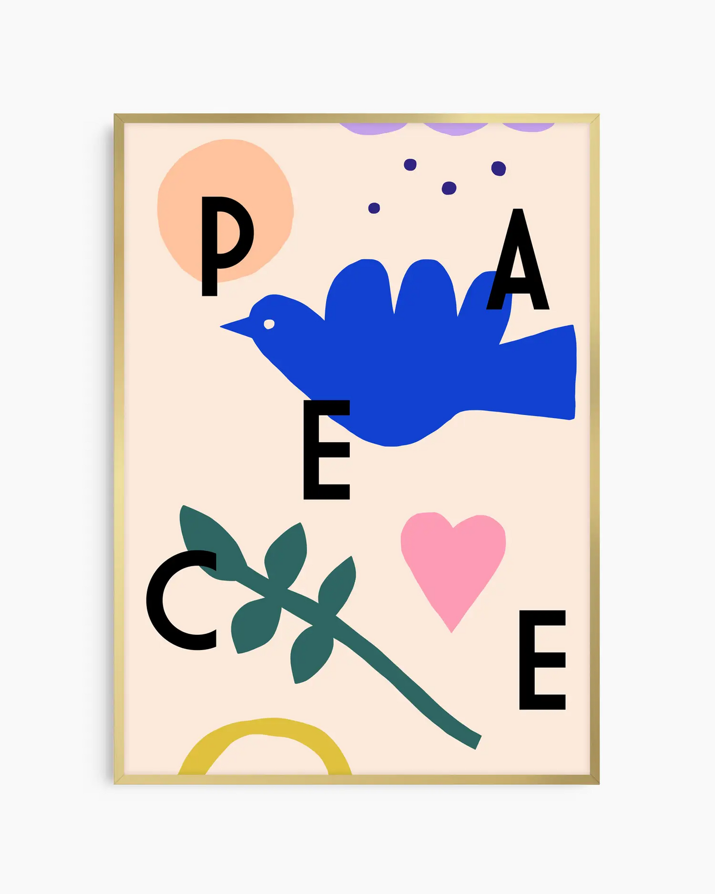 Barnrumstavla med ordet "PEACE" i svarta bokstäver, blå fågel och färgglada symboler på ljus bakgrund, inramad i guld aluminiumram. En elegant och positiv illustration.