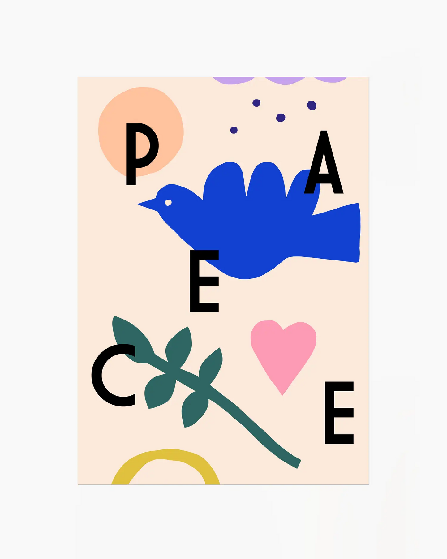 Barnrumstavla med illustration av blå fågel, grönt blad, rosa hjärta och ordet "PEACE" i svarta bokstäver på ljus bakgrund. En glad och symbolisk fredsposter.