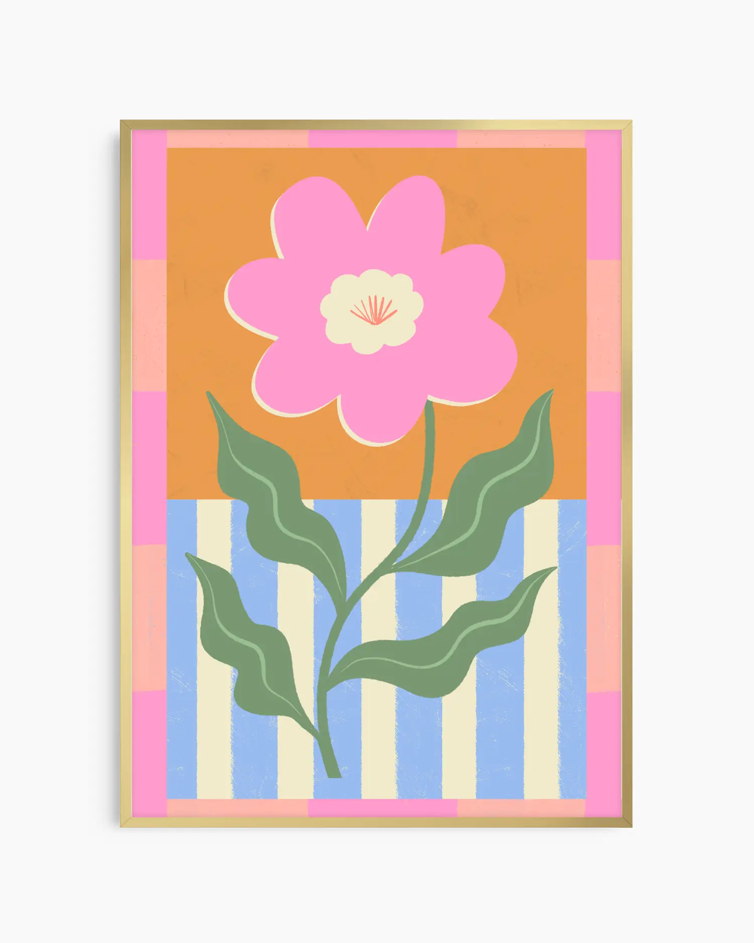 Barnrumstavla med rosa blomma och gröna blad mot färgstark geometrisk bakgrund, inramad i guld aluminiumram. En elegant och glädjefylld illustration.
