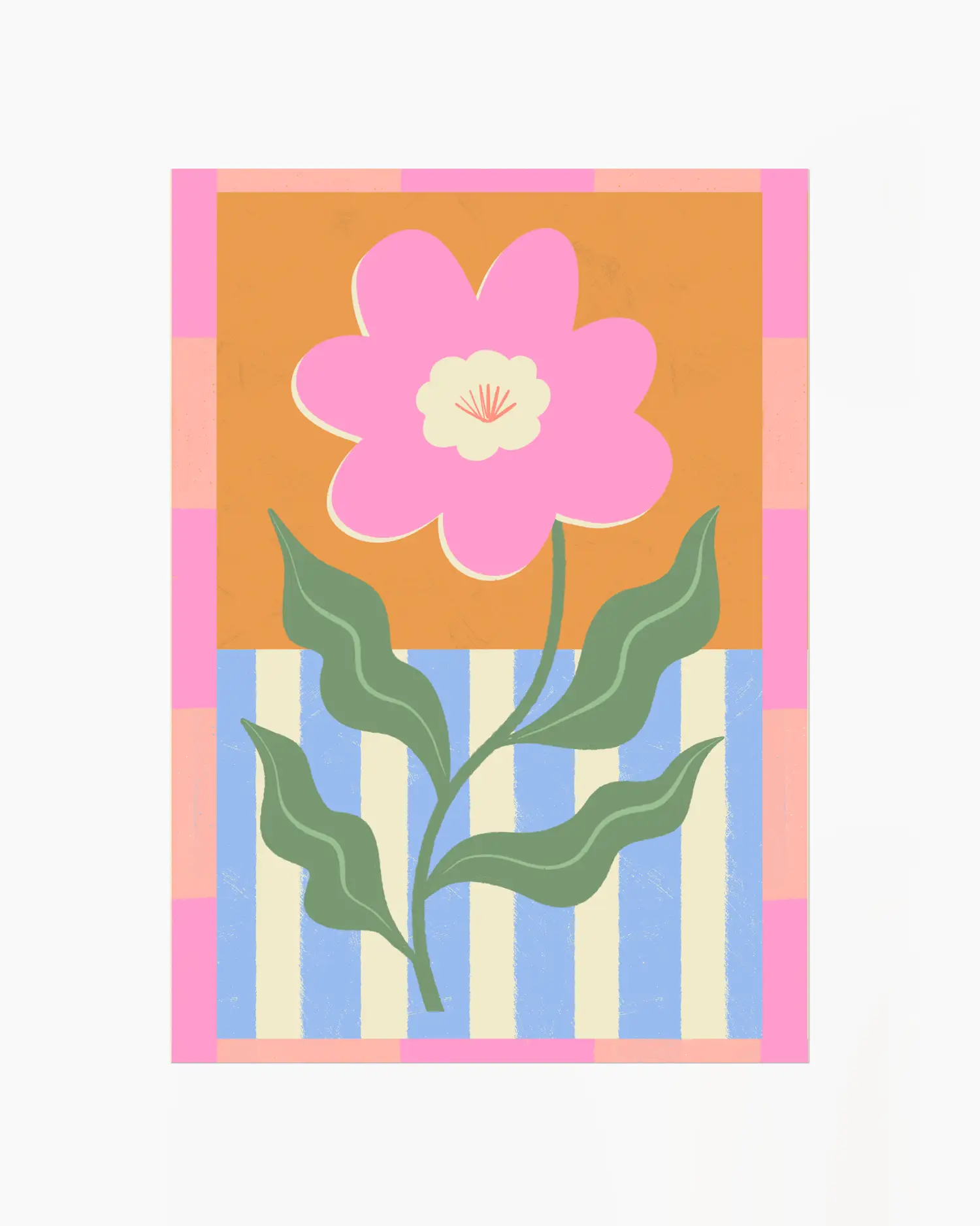 Barnrumstavla med illustration av en rosa blomma med gröna blad mot färgglad bakgrund. En färgrik och glad poster för barnrummet.