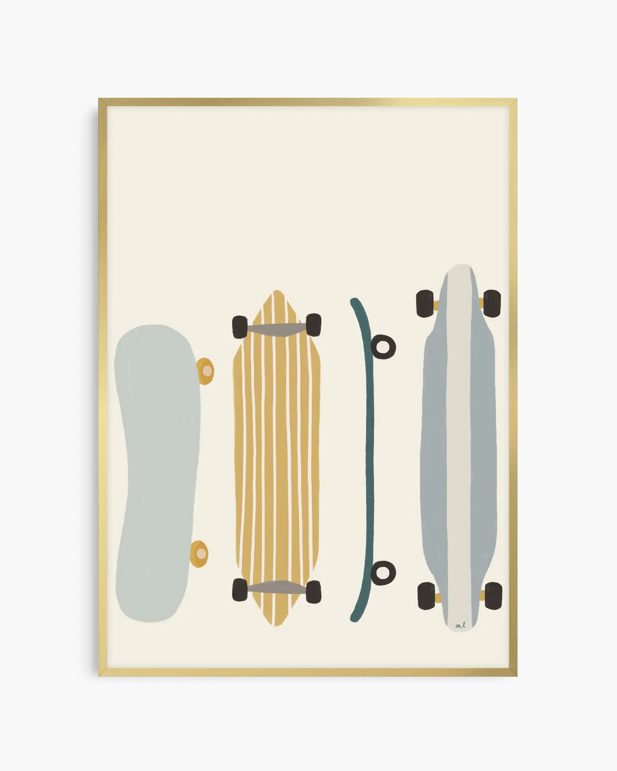 Barntavla med lekfullt skateboardmotiv, inramad i guld aluminiumram som ger en elegant och trendig accent till det sportiga motivet.