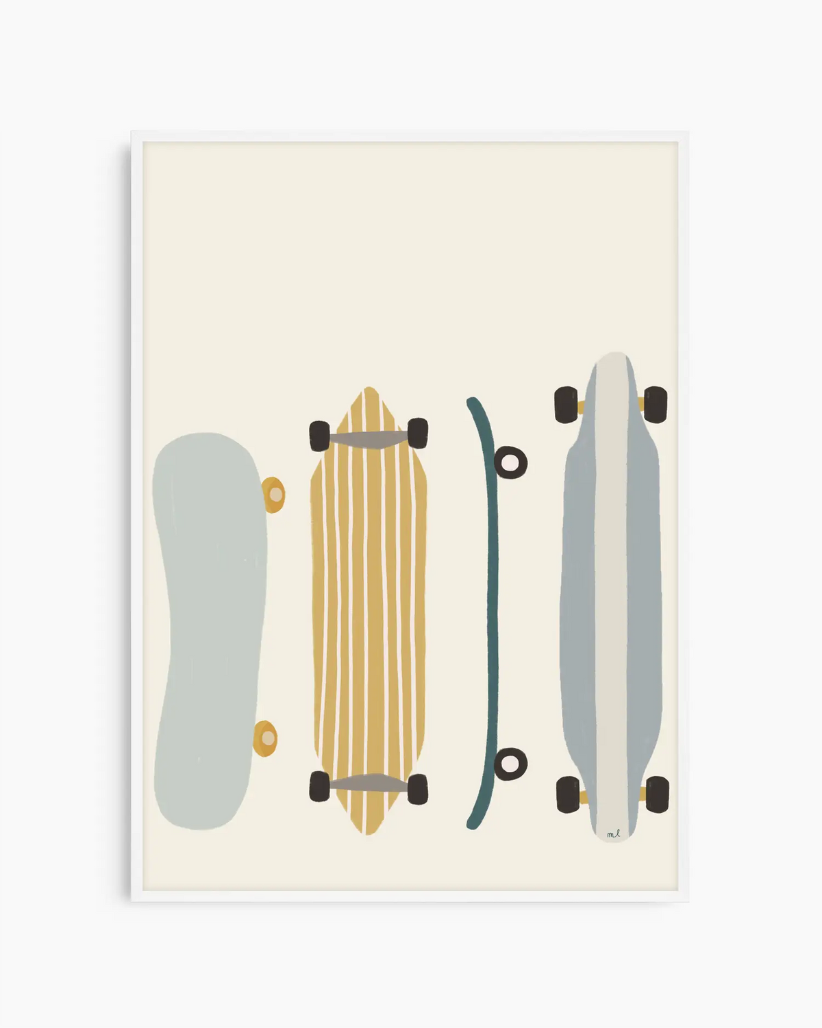Barntavla med tydliga och enkla skateboardillustrationer, inramad i vit träram som förstärker det ljusa och lekfulla motivet.