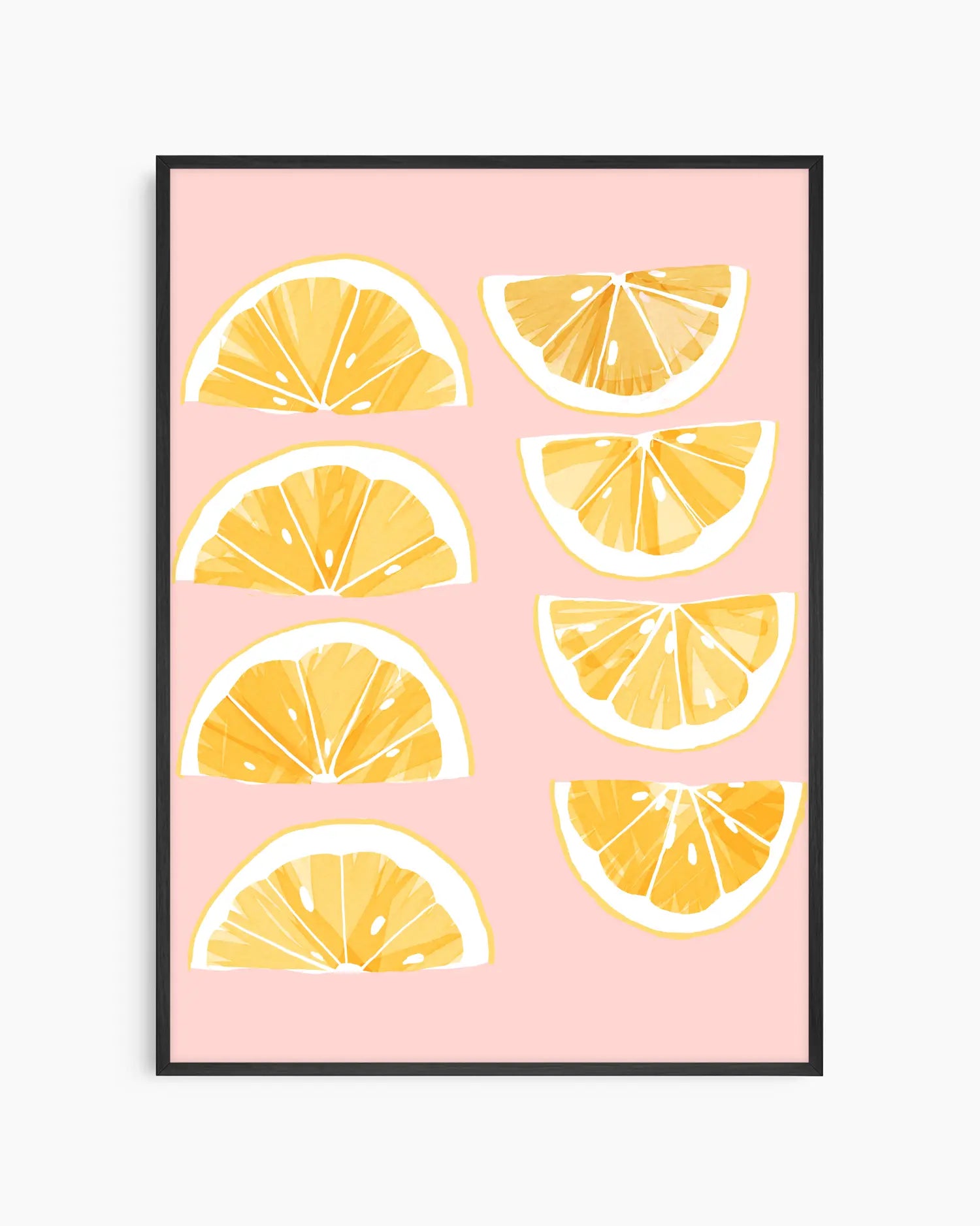 Barntavla med illustration av gula citronskivor på rosa bakgrund, inramad i svart träram. En frisk och lekfull barnrumstavla.