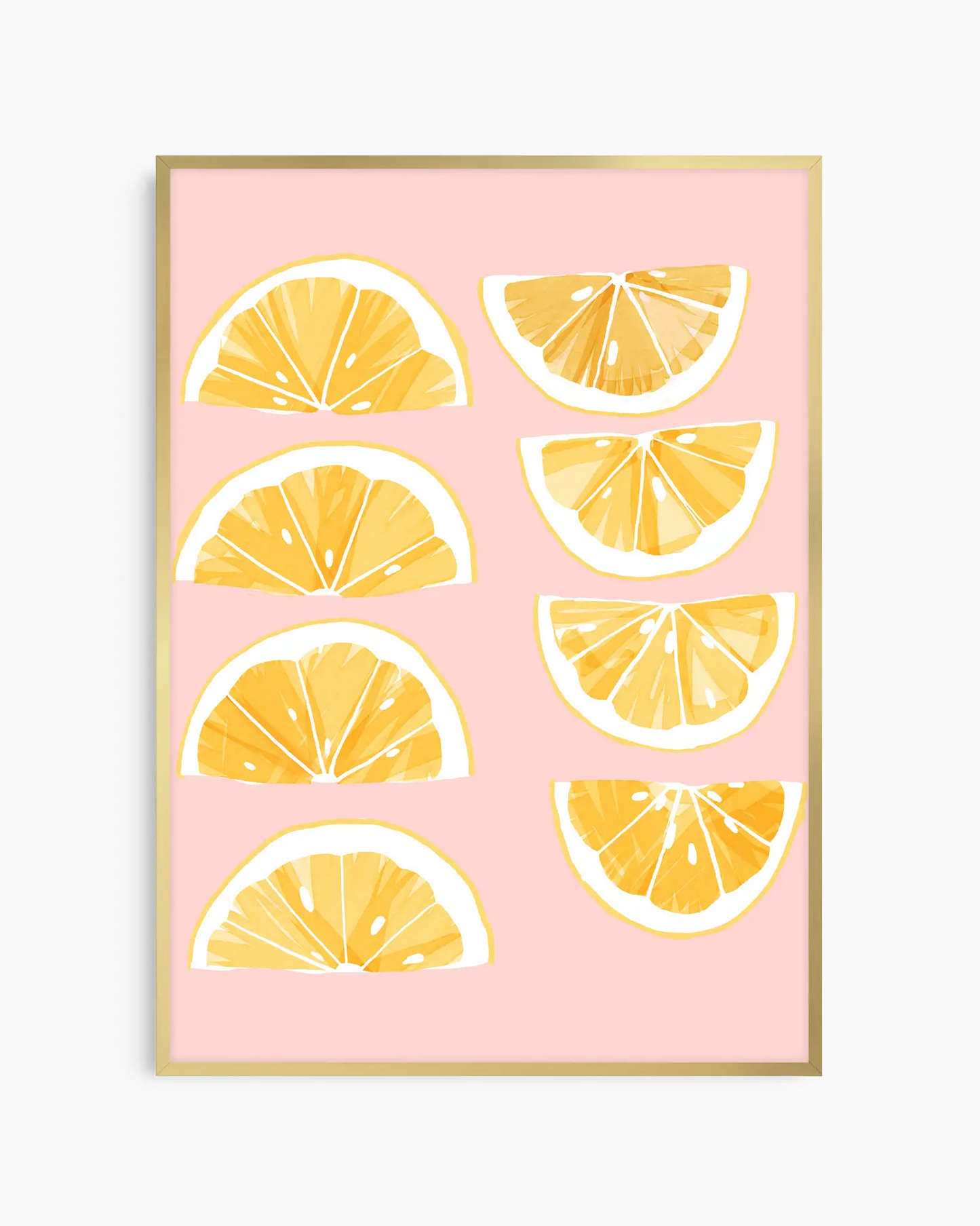 Barnrumstavla med gula citronskivor mot mjukt rosa bakgrund, inramad i guld aluminiumram. En elegant och färgstark illustration.