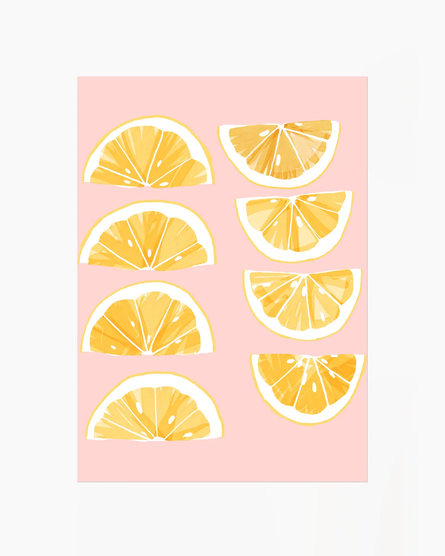 Barnrumstavla med målade citronskivor i gult på rosa bakgrund. En frisk och glad illustration för barnrummet.