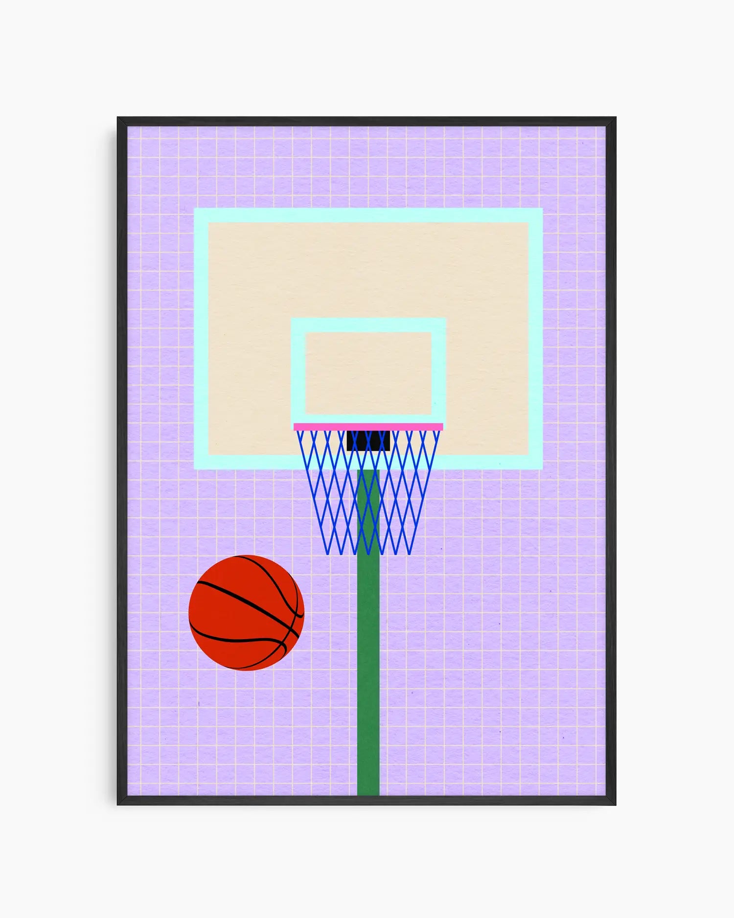 Barntavla med grafisk basketkorg och studsande boll i klara färger, inramad i svart träram som ger motivet ett modernt uttryck.