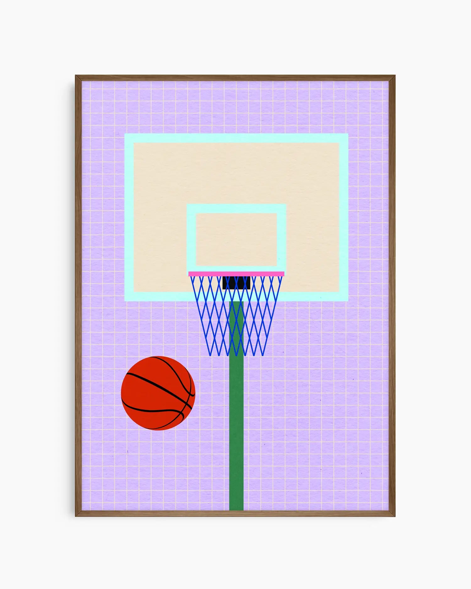 Barntavla med stiliserad basketkorg mot lila rutmönster, inramad i mörk ekram som tillför värme och djup.
