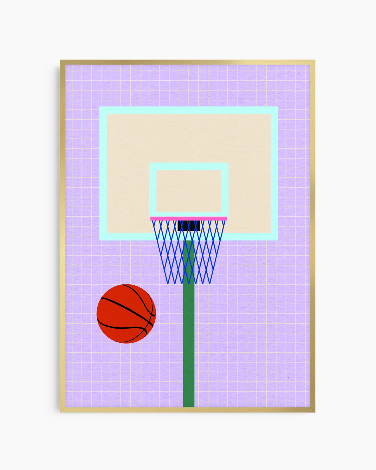 Barntavla med lekfull basketkorg och boll, inramad i guld aluminiumram som ger motivet en elegant och sportig touch.