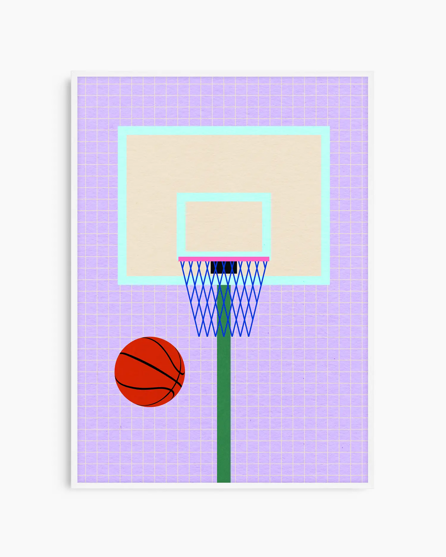 Barntavla med tydlig basketkorg och orange boll, inramad i vit träram som lyfter de ljusa, sportiga färgerna.