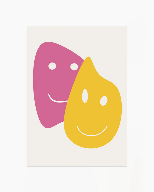 Barntavla med två glada figurer i rosa och gult, en färgstark och positiv illustration som sprider energi i barnrummet.