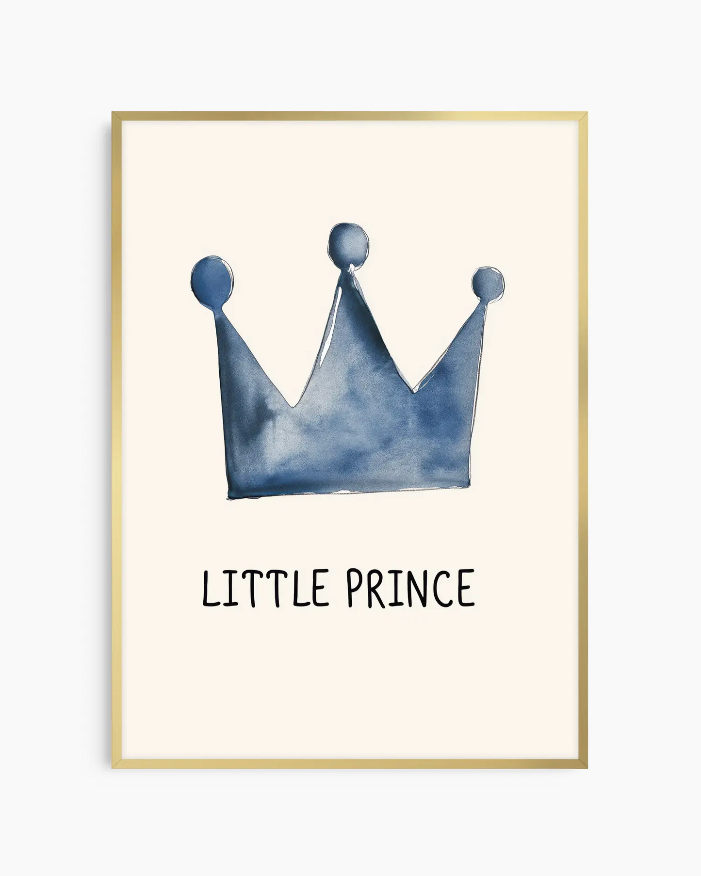 Barntavla med blå prinskrona och texten "Little Prince", inramad i guld aluminiumram för en mjuk och lyxig glans.