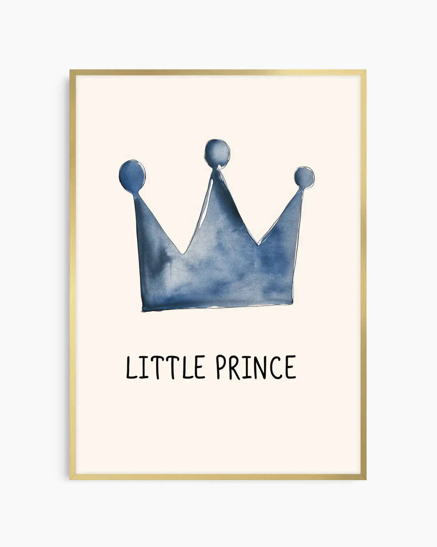 Barntavla med blå prinskrona och texten "Little Prince", inramad i guld aluminiumram för en mjuk och lyxig glans.