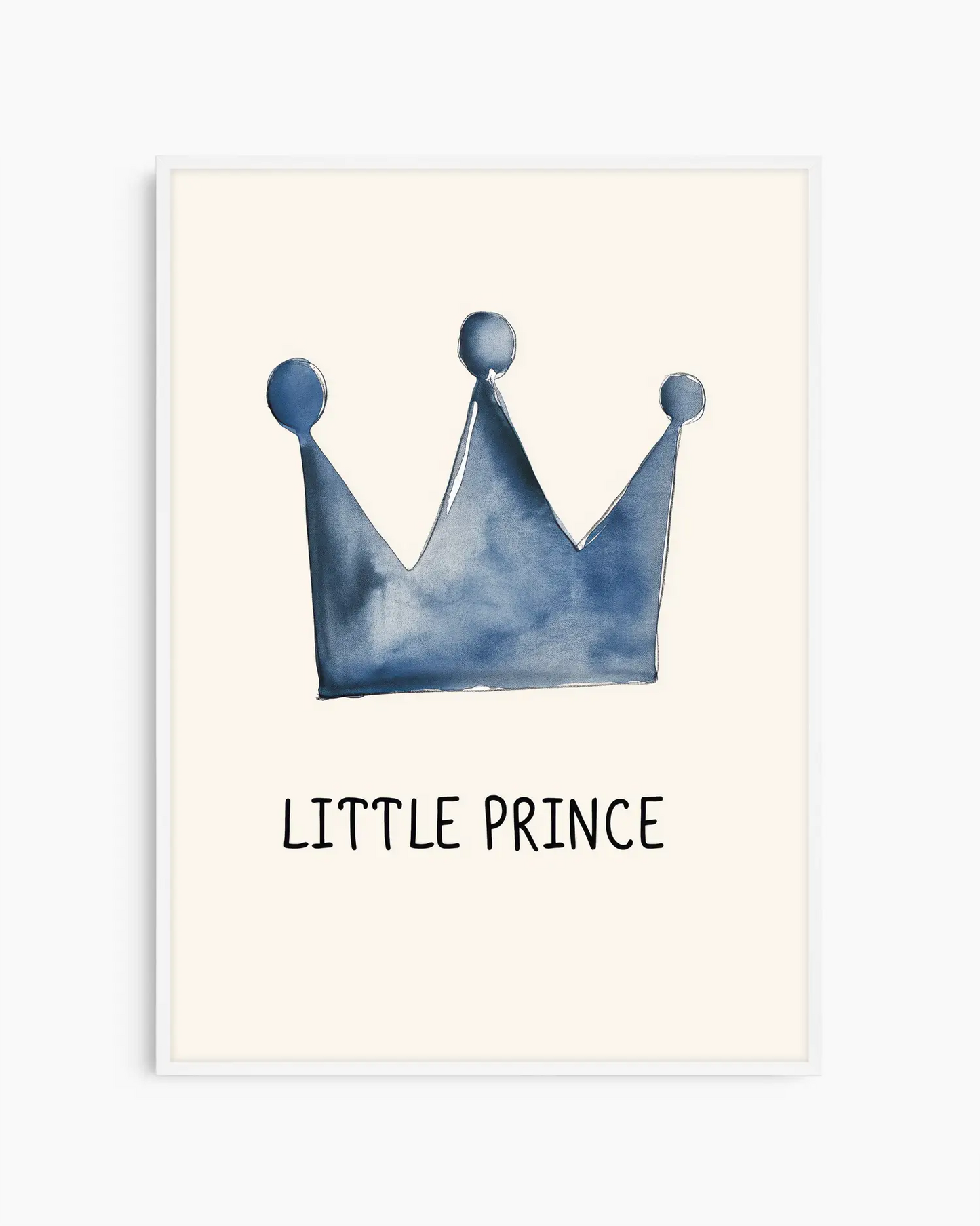 Barntavla med blå krona och texten "Little Prince", inramad i vit träram för ett ljust, mjukt och barnvänligt uttryck.