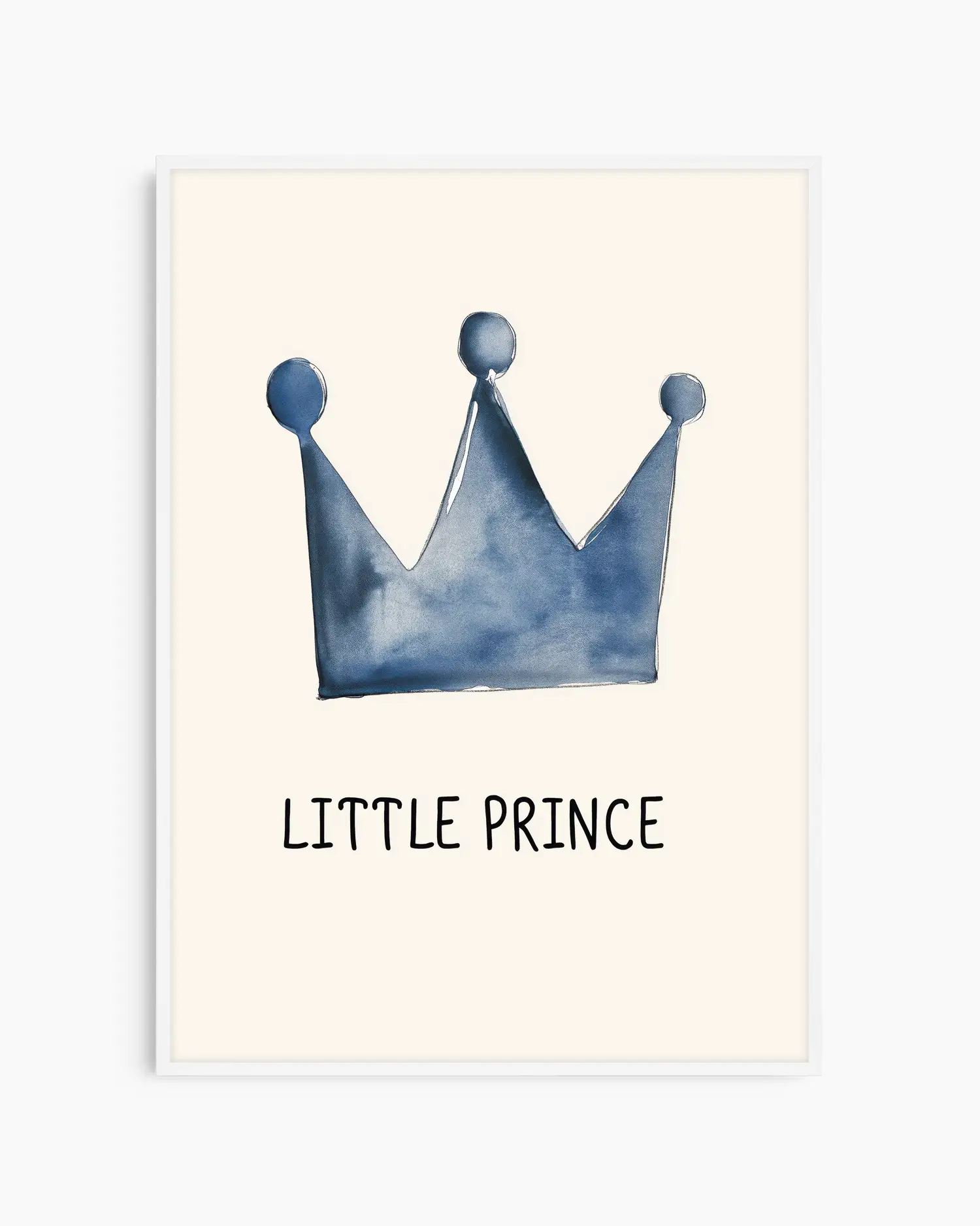 Barntavla med blå krona och texten "Little Prince", inramad i vit träram för ett ljust, mjukt och barnvänligt uttryck.