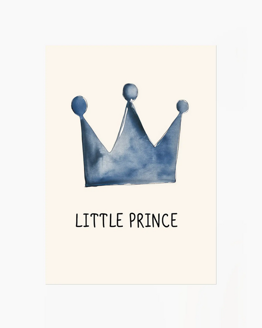 Barnrumstavla med en blå akvarellkrona och texten "Little Prince", ett fint motiv som passar perfekt till ett litet barns rum.
