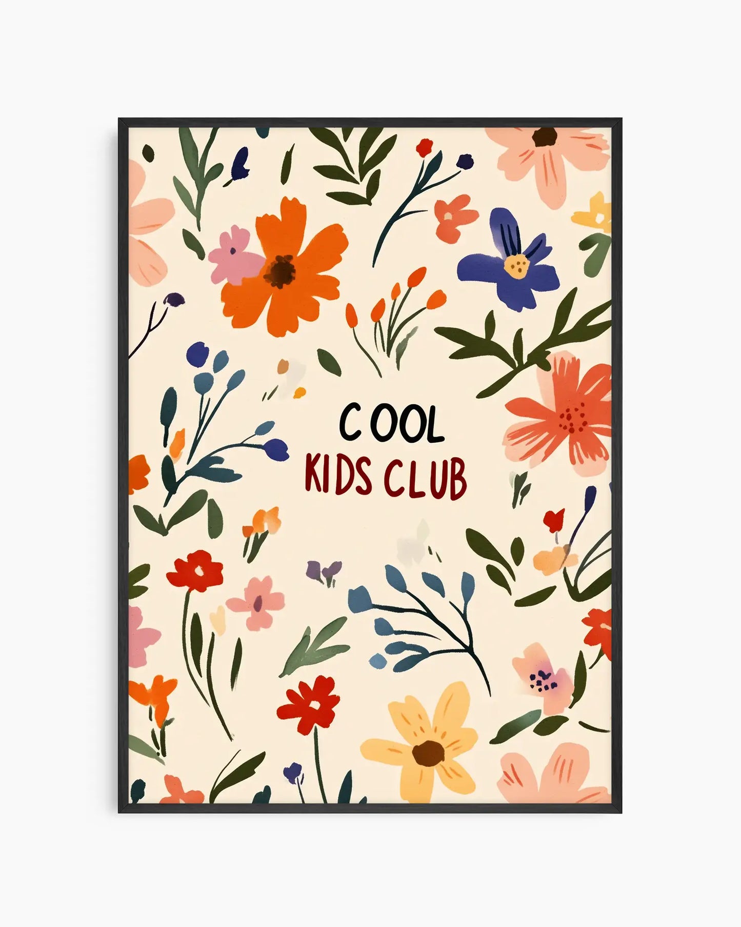 Barntavla med färgstarka blommor och texten "Cool Kids Club", inramad i svart träram för ett modernt och lekfullt uttryck.