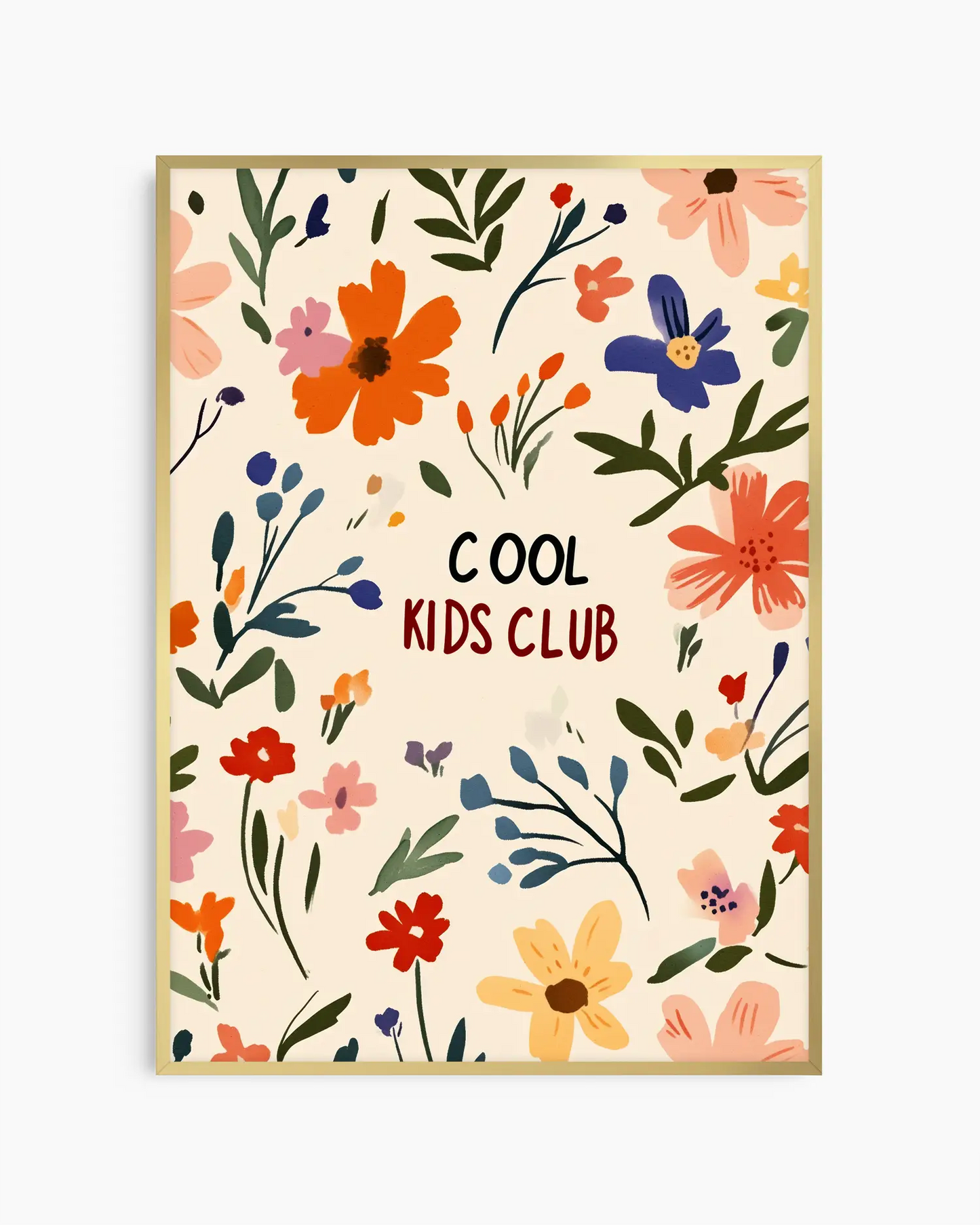 Barntavla med livfulla blommor och texten "Cool Kids Club", inramad i guld aluminiumram som tillför en mjuk och elegant glans.