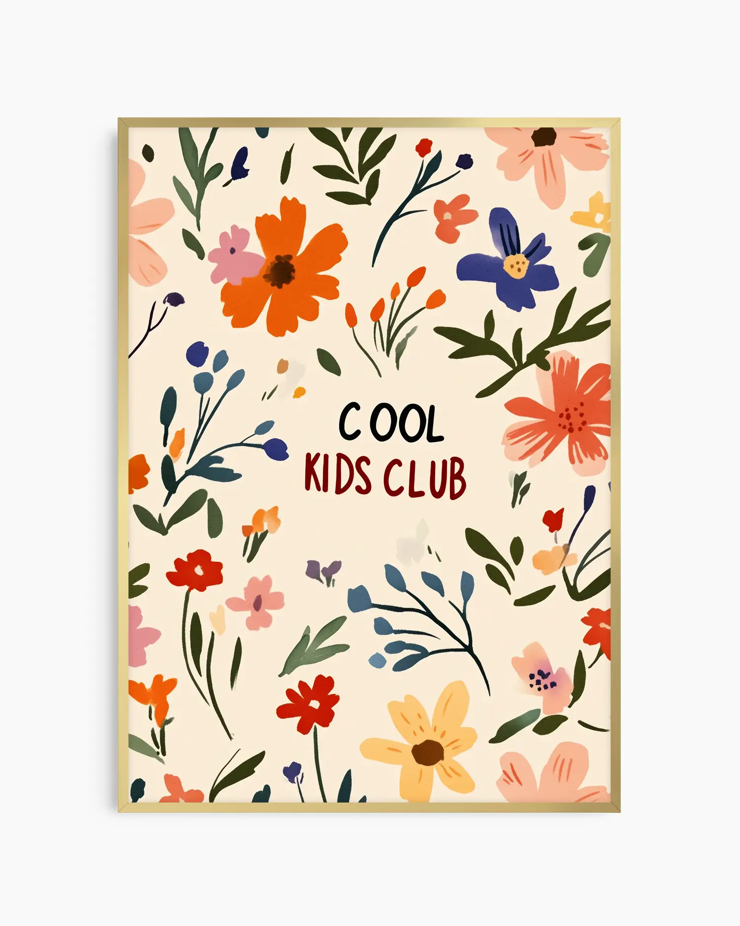Barntavla med livfulla blommor och texten "Cool Kids Club", inramad i guld aluminiumram som tillför en mjuk och elegant glans.
