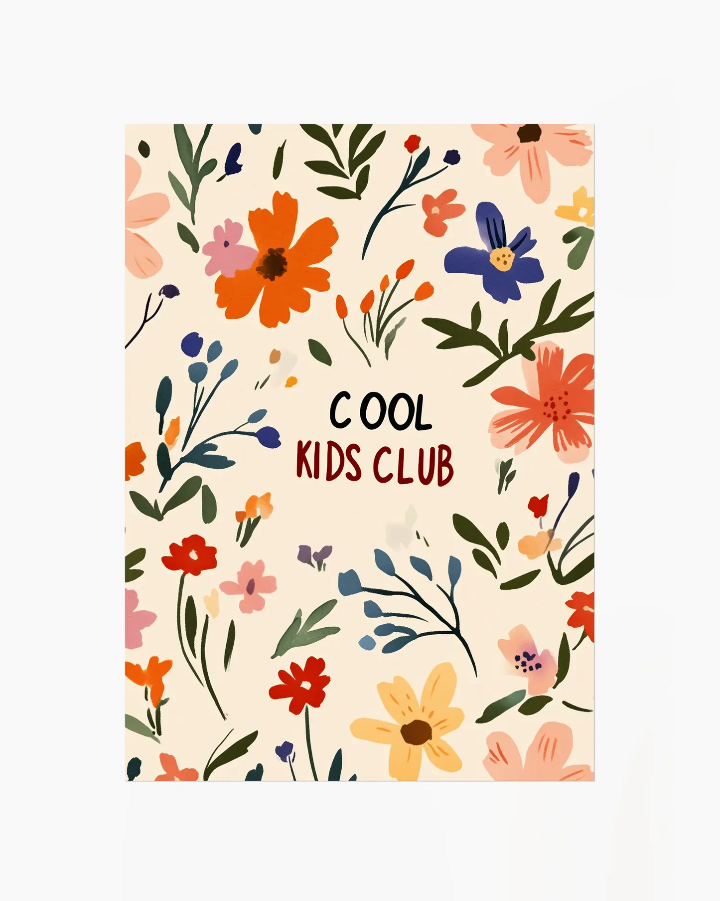 Barnrumstavla med färgglada blommor och texten "Cool Kids Club", ett charmigt och inspirerande motiv som lyser upp barnrummet.