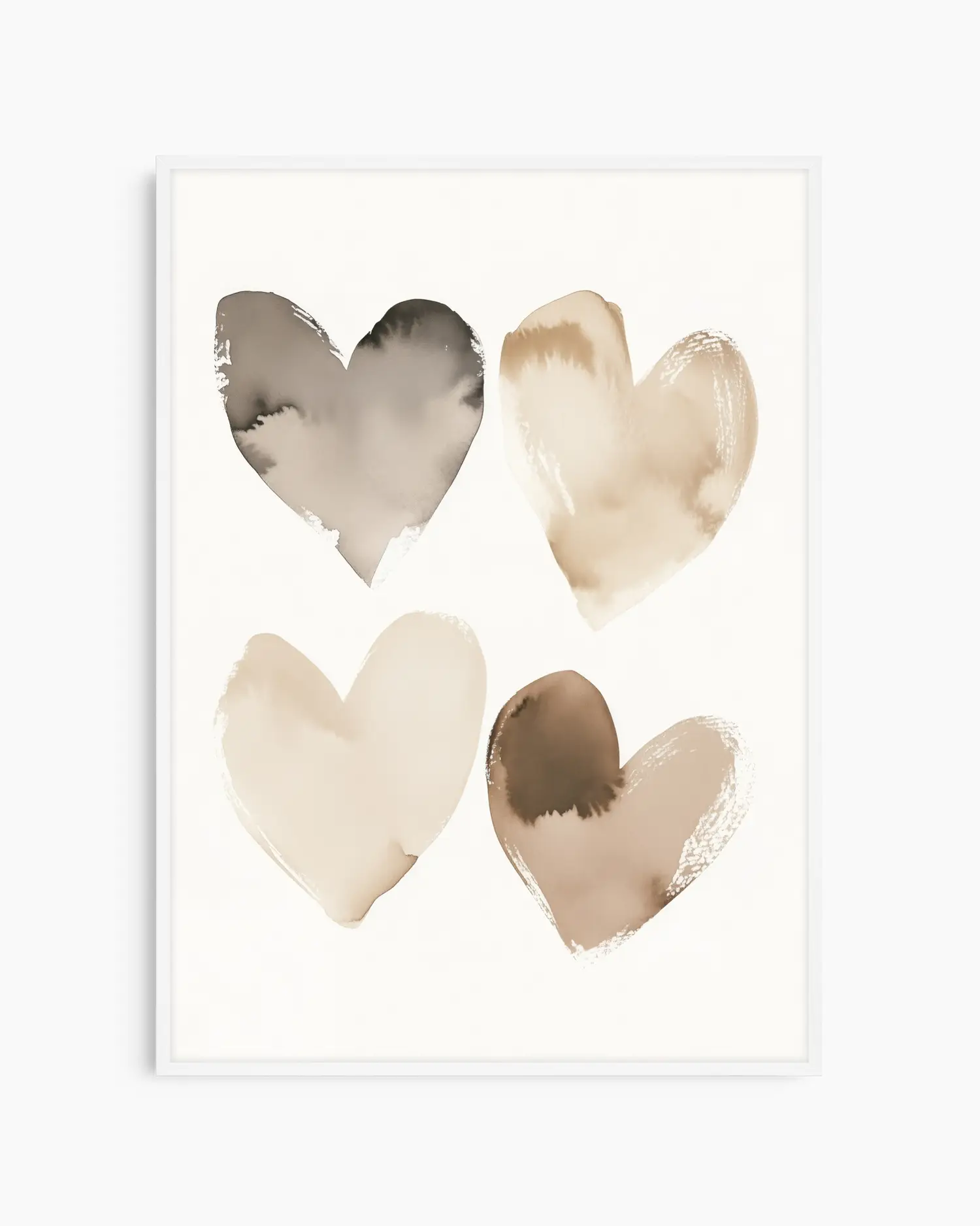Barntavla med akvarellhjärtan i milda beige toner, inramad i vit träram som skapar ett ljust och mjukt uttryck.