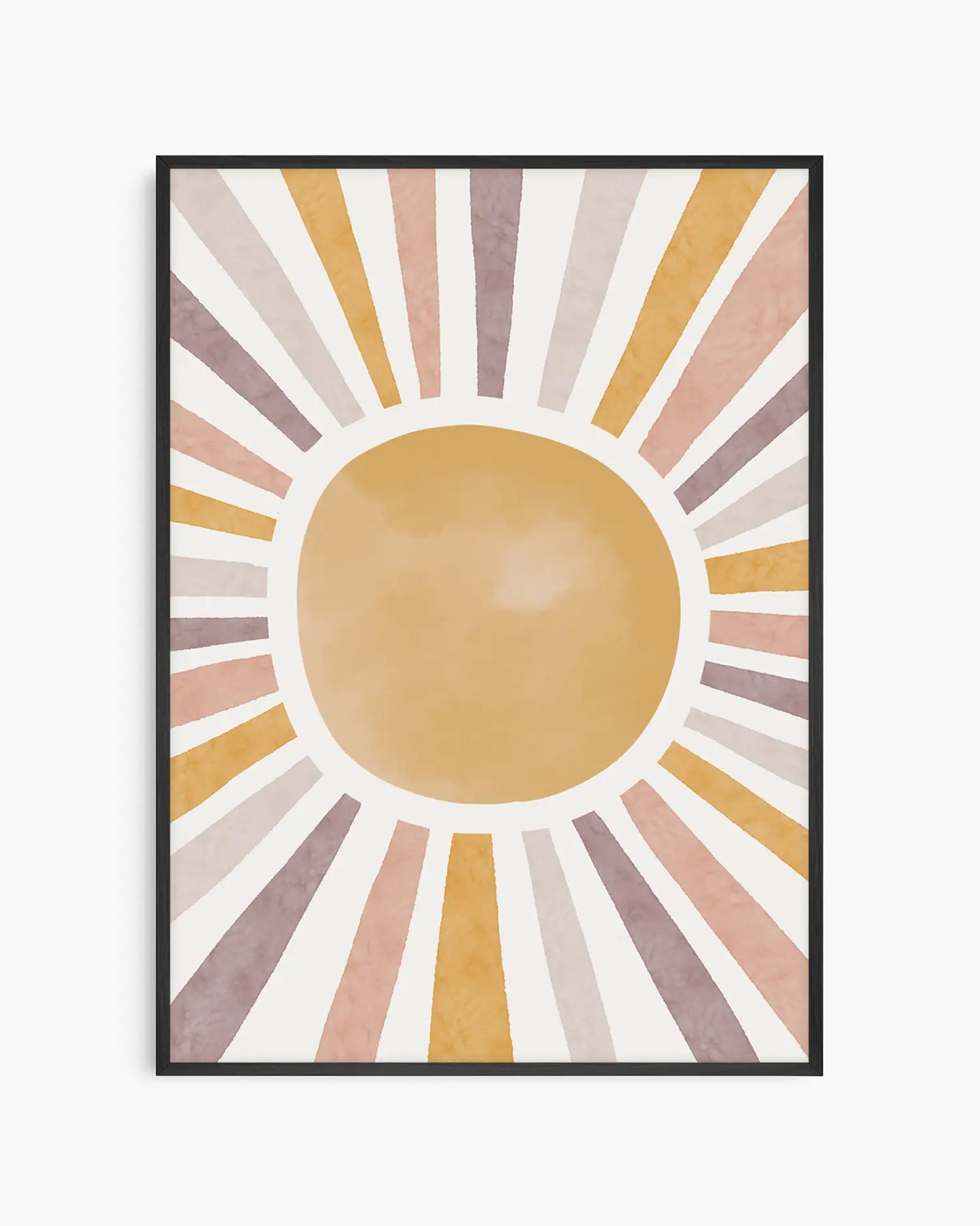 Barntavla med en varm, illustrerad sol i mjuka pastelltoner, inramad i svart träram. Ett lugnande motiv som sprider harmoni i barnrummet.