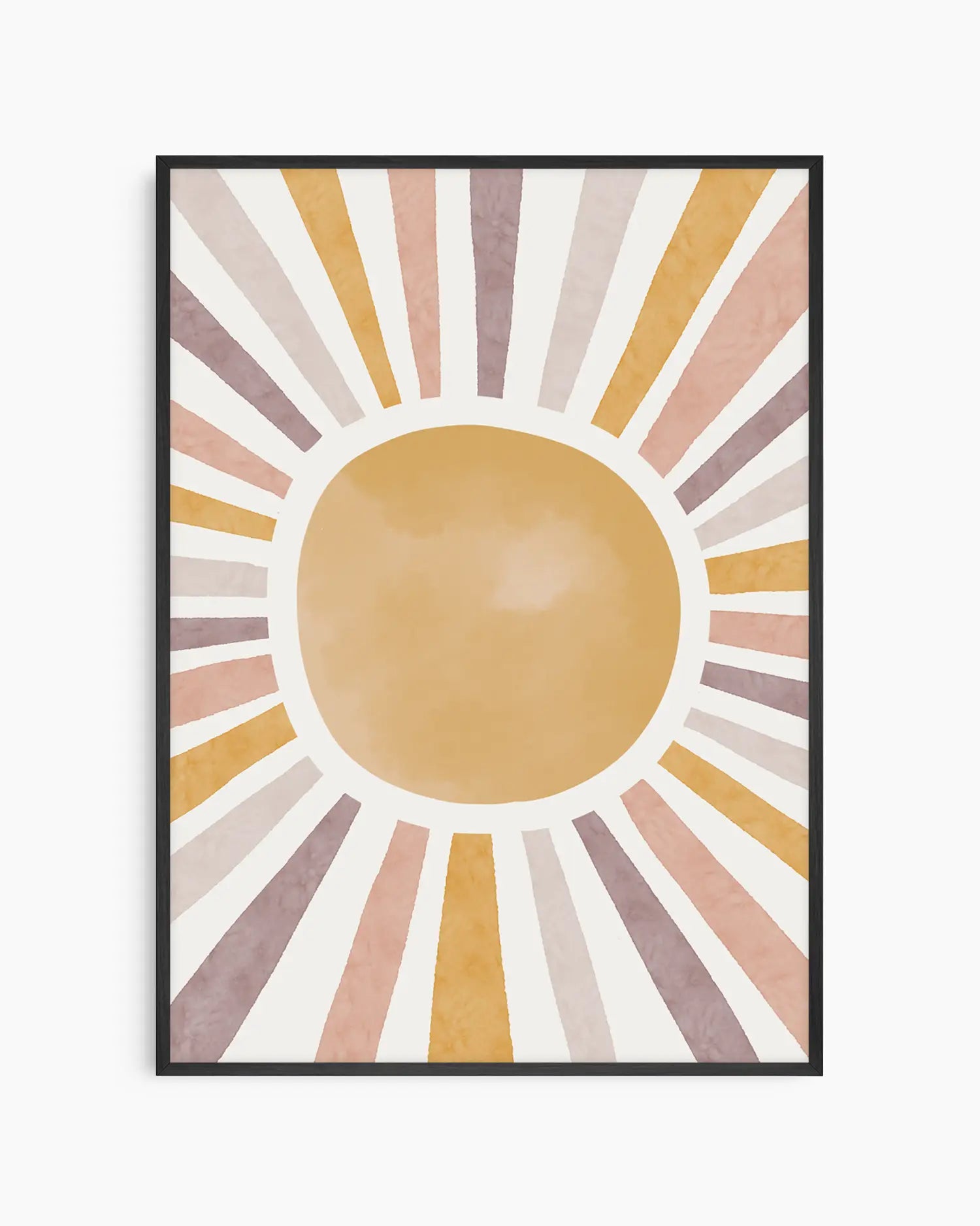 Barntavla med en varm, illustrerad sol i mjuka pastelltoner, inramad i svart träram. Ett lugnande motiv som sprider harmoni i barnrummet.
