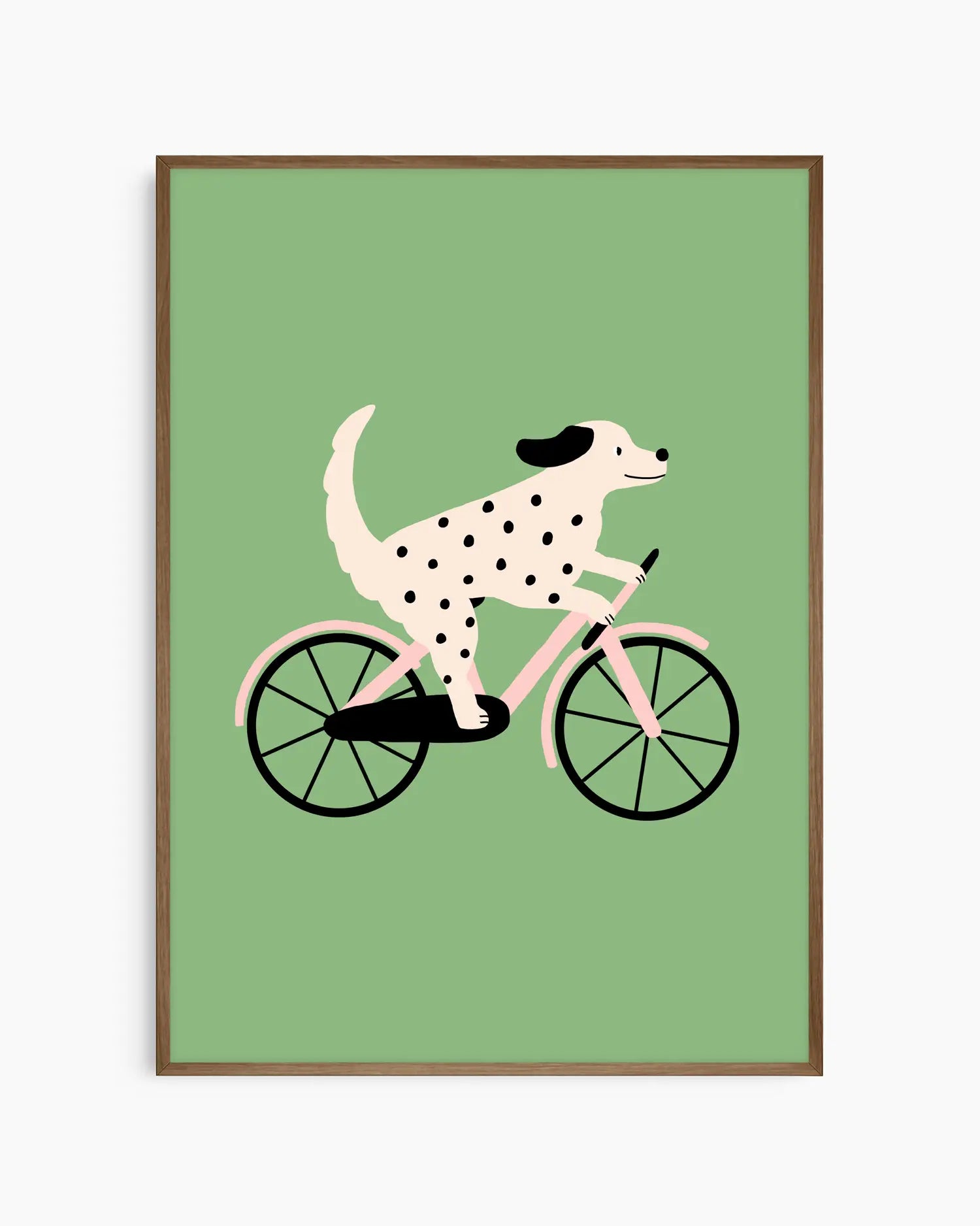 Barnrumstavla med cyklande hund, inramad i mörk ekram som ger motivet en varm och tidlös känsla.