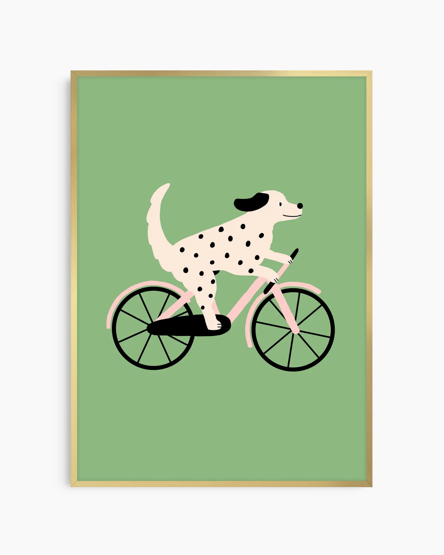Barntavla med prickig hund på cykel, inramad i guld aluminiumram som tillför ett lekfullt och elegant uttryck.