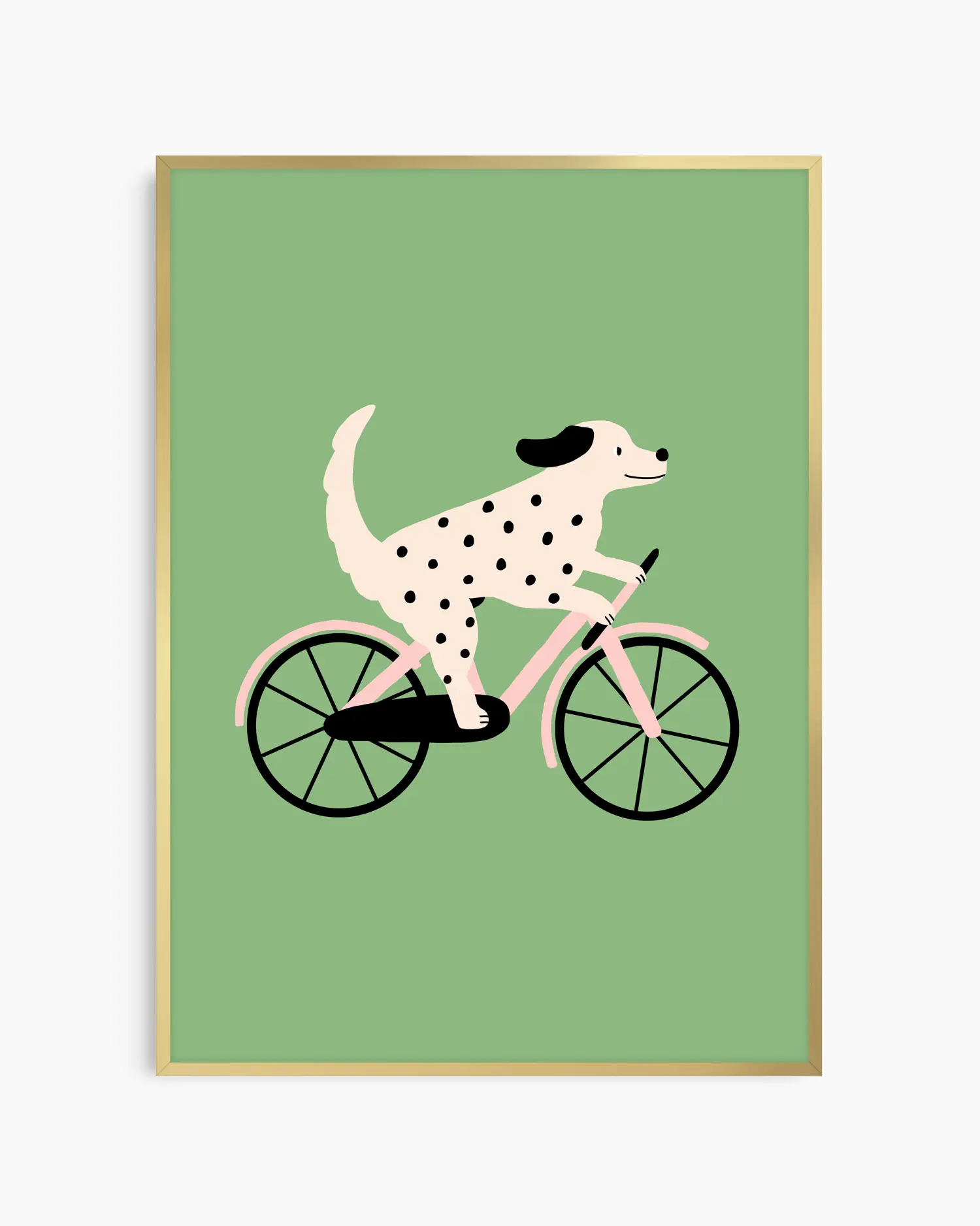 Barntavla med prickig hund på cykel, inramad i guld aluminiumram som tillför ett lekfullt och elegant uttryck.