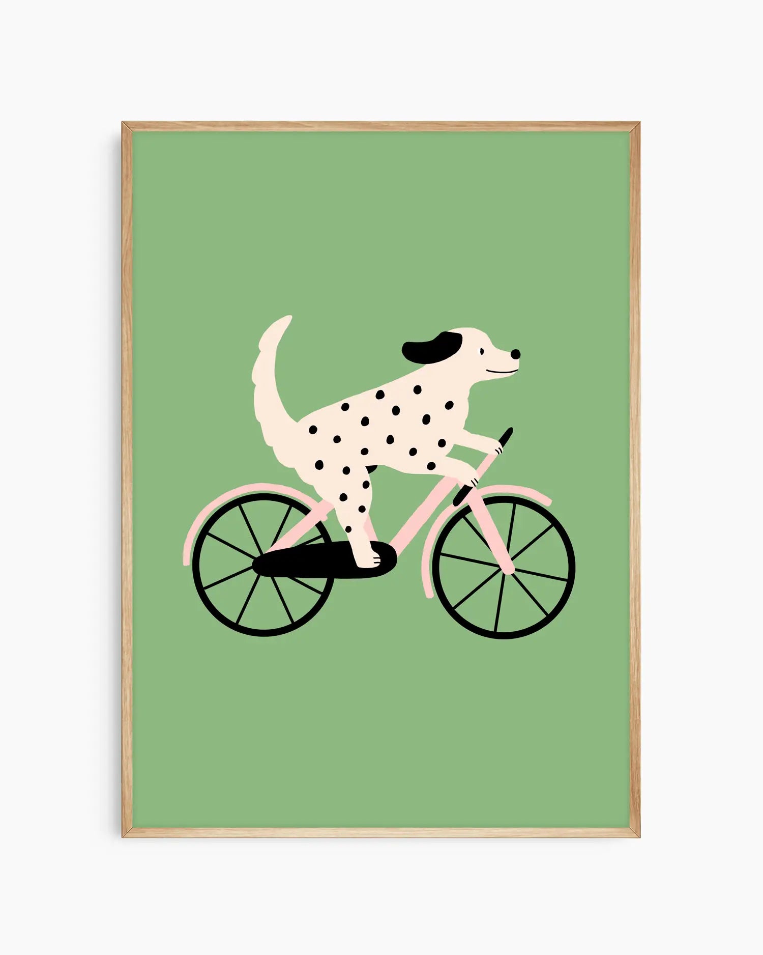 Barnrumstavla med cyklande hund, inramad i ekram för en mjuk och naturlig look.