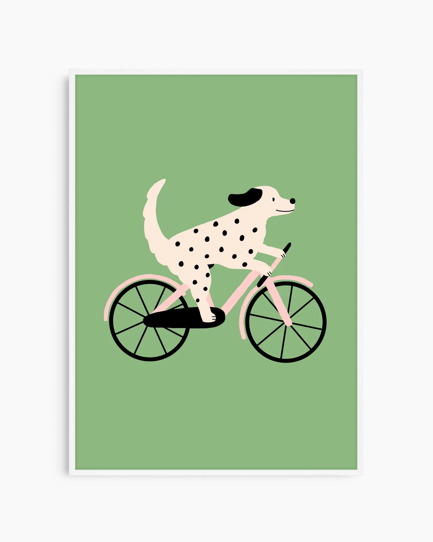 Barntavla med en cyklande hund, inramad i vit träram och perfekt för ett ljust barnrum.