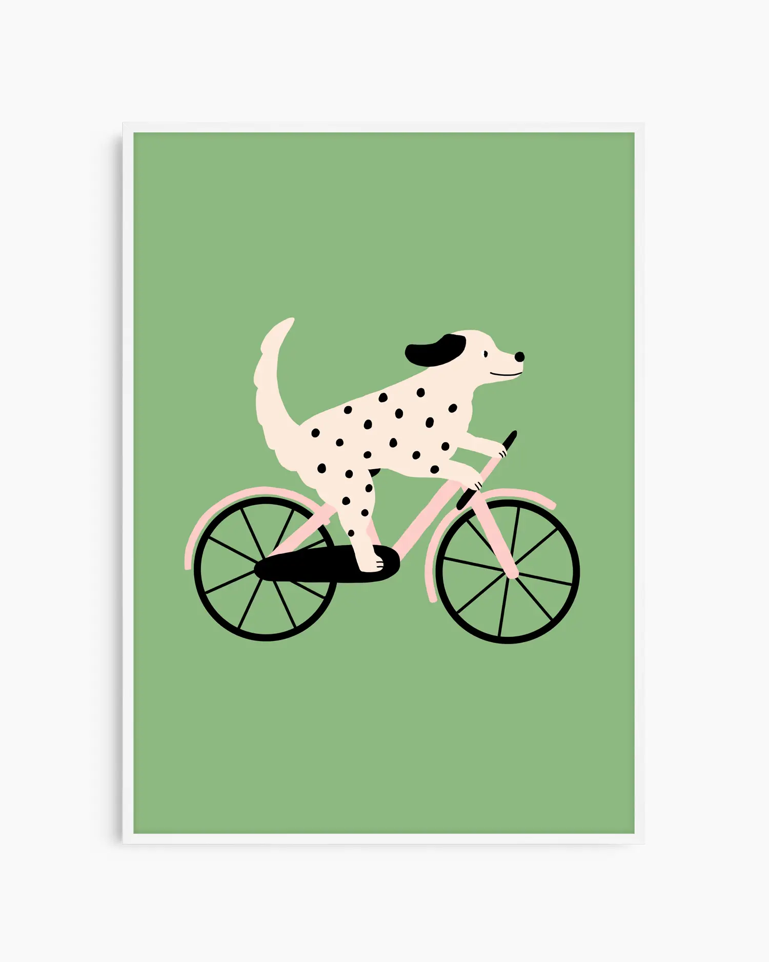 Barntavla med en cyklande hund, inramad i vit träram och perfekt för ett ljust barnrum.