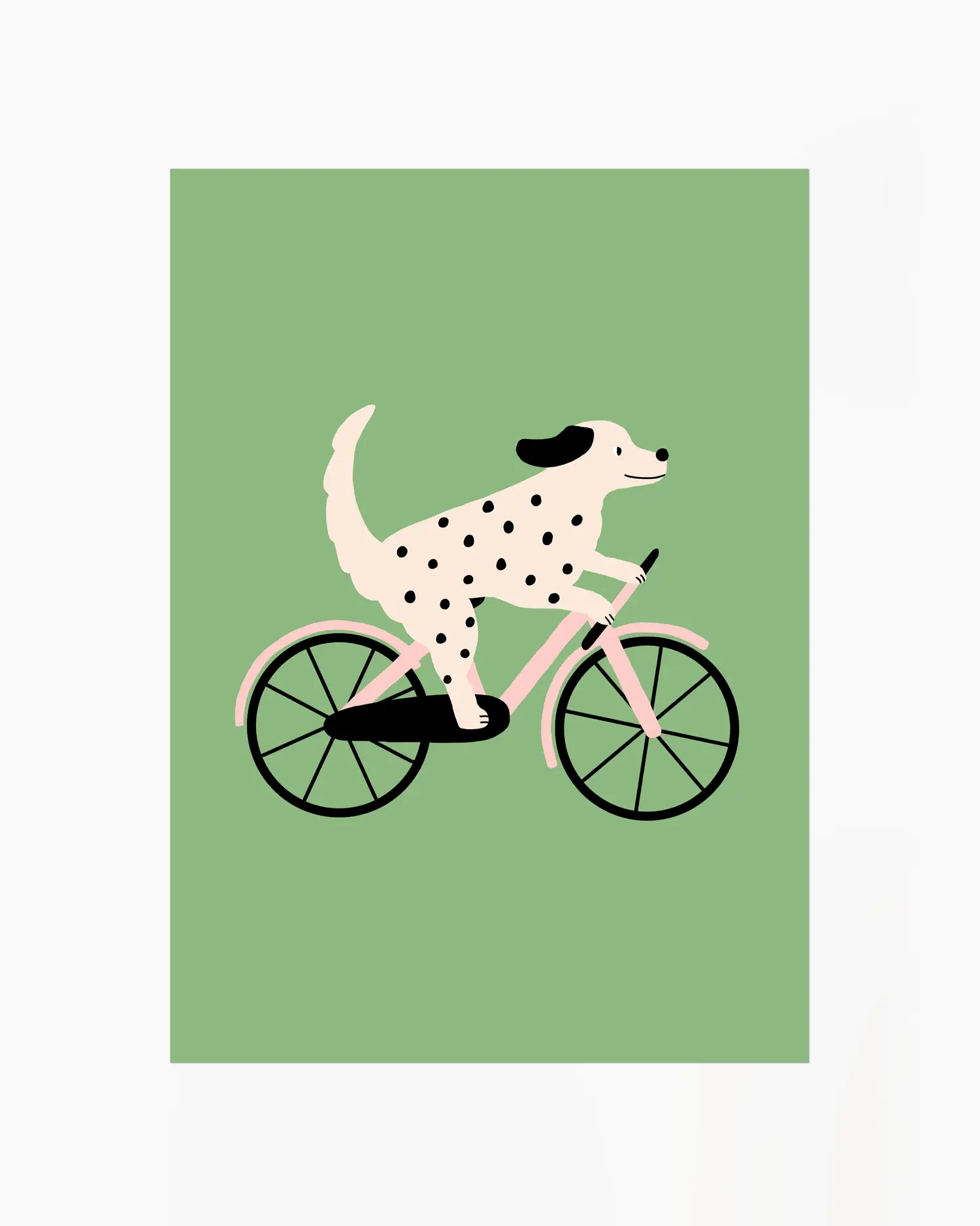 Barnrumstavla med en prickig hund som cyklar på en rosa cykel mot grön bakgrund.