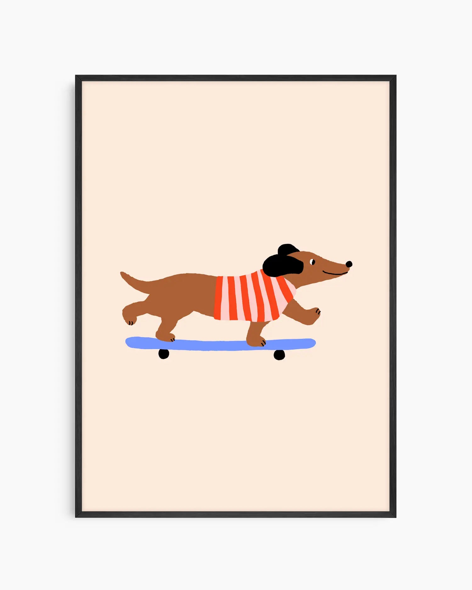 Barntavla med en lekfull tax på skateboard, inramad i svart träram mot ljus beige bakgrund.