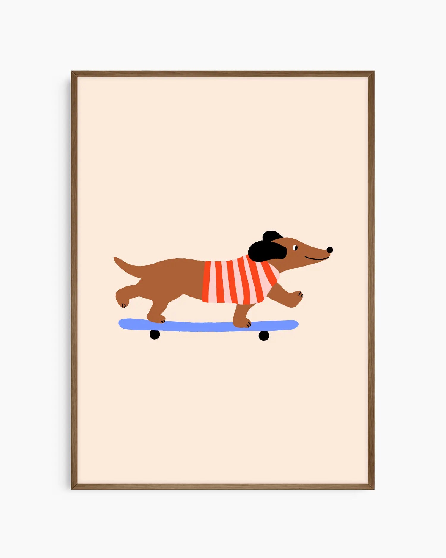 Barnrumstavla med en rullande tax på skateboard, inramad i mörk ekram för ett varmt och charmigt uttryck.
