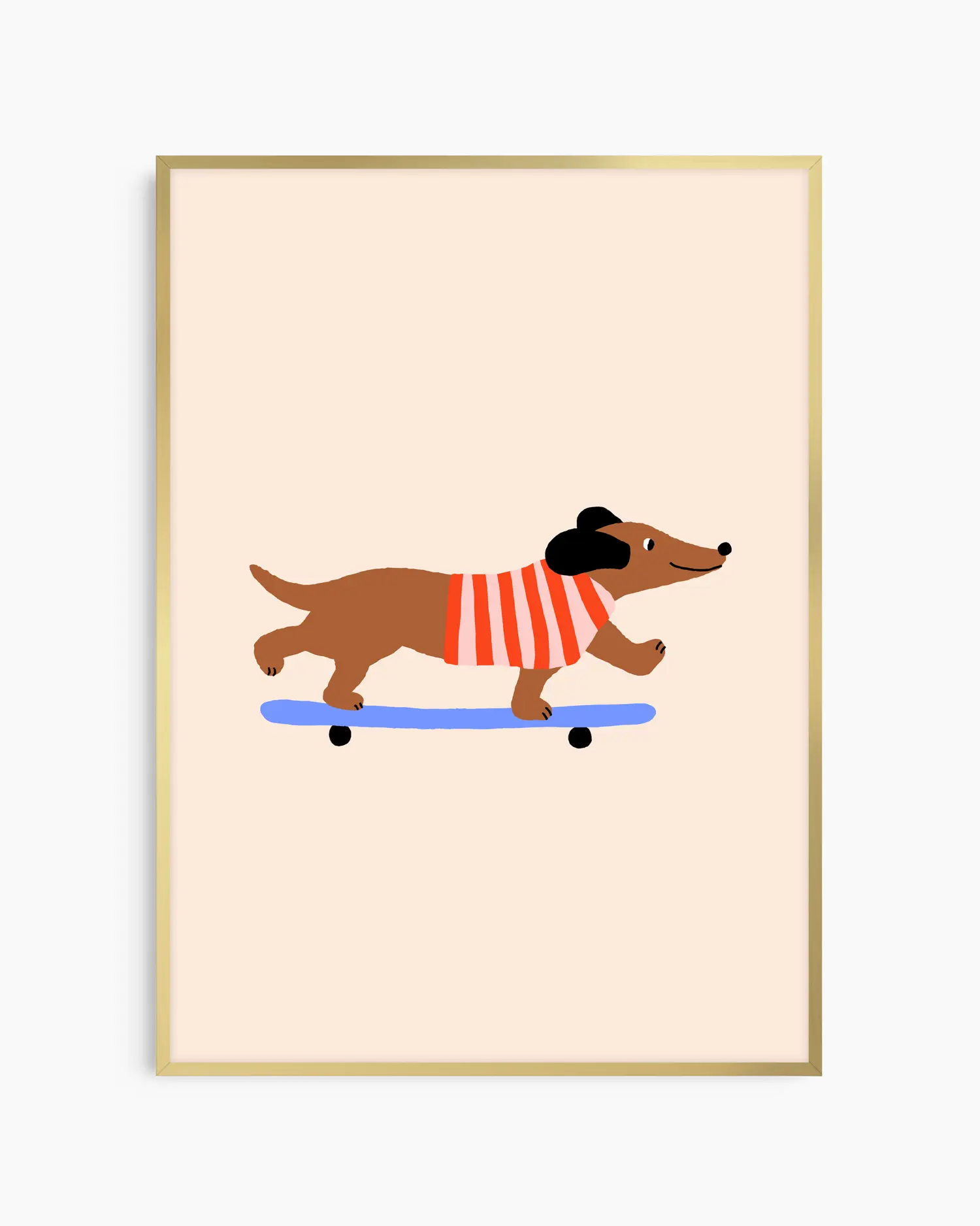 Barntavla med tax på skateboard, inramad i guld aluminiumram som ger motivet ett lekfullt och elegant lyft.