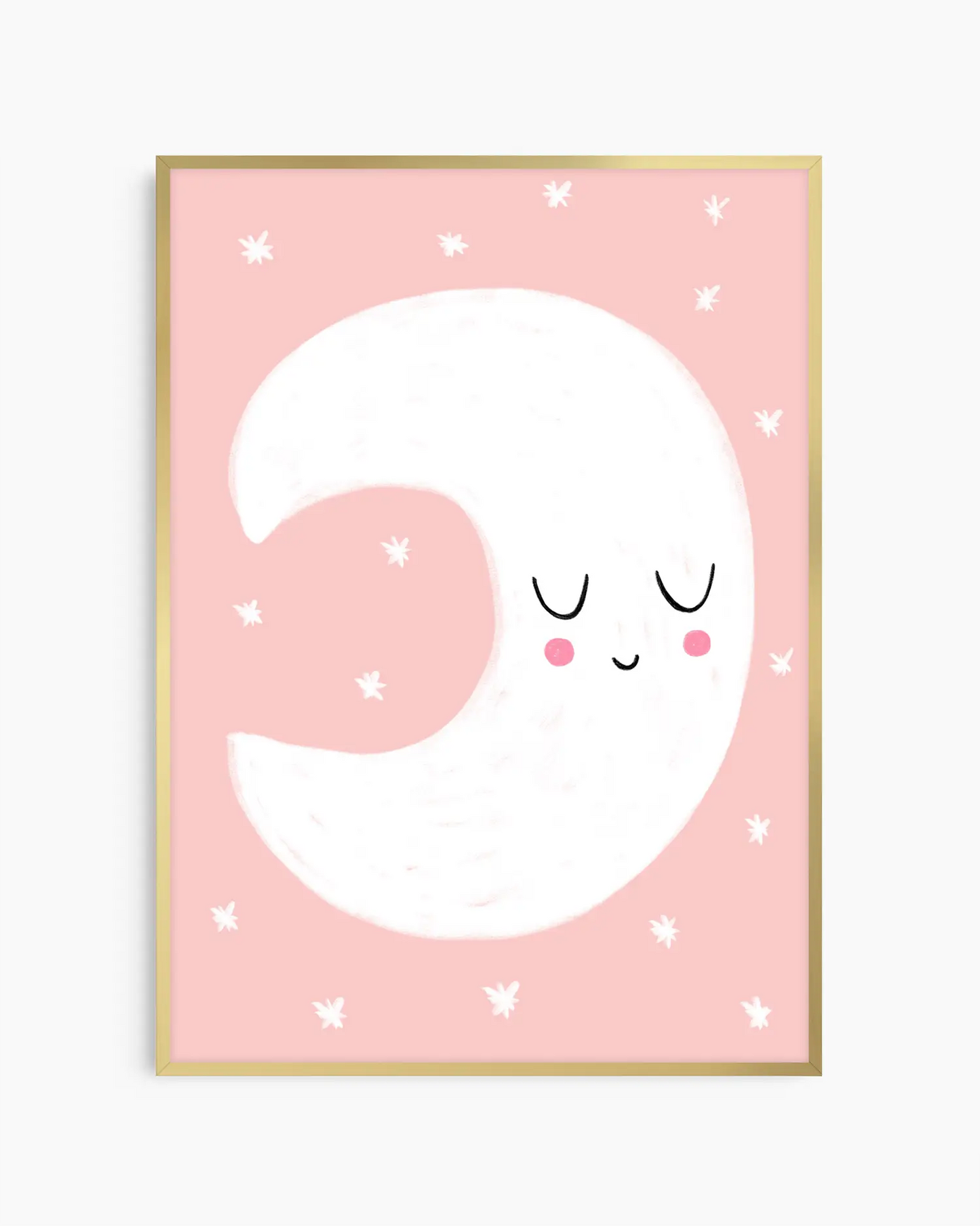 Barntavla med en drömsk måne på rosa himmel, inramad i guld aluminiumram som tillför en lekfull och elegant glans.
