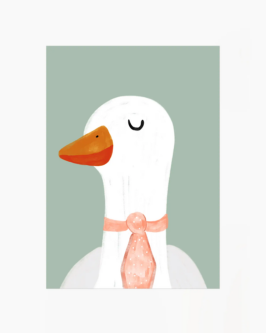 Barnrumstavla med en vänlig gåsillustration i mjuka pastellfärger som ger rummet en lugn och lekfull karaktär.
