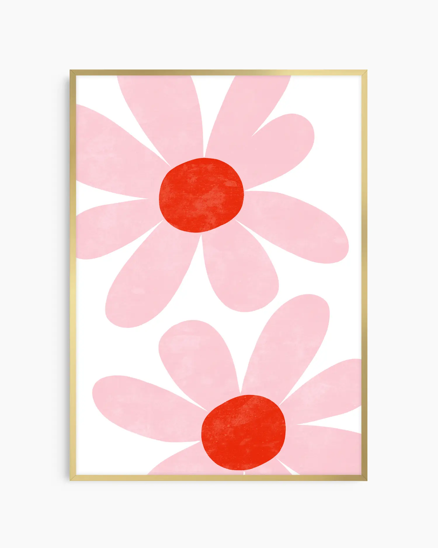 Barntavla med stiliserade rosa blommor som får en varm glöd i en guld aluminiumram.