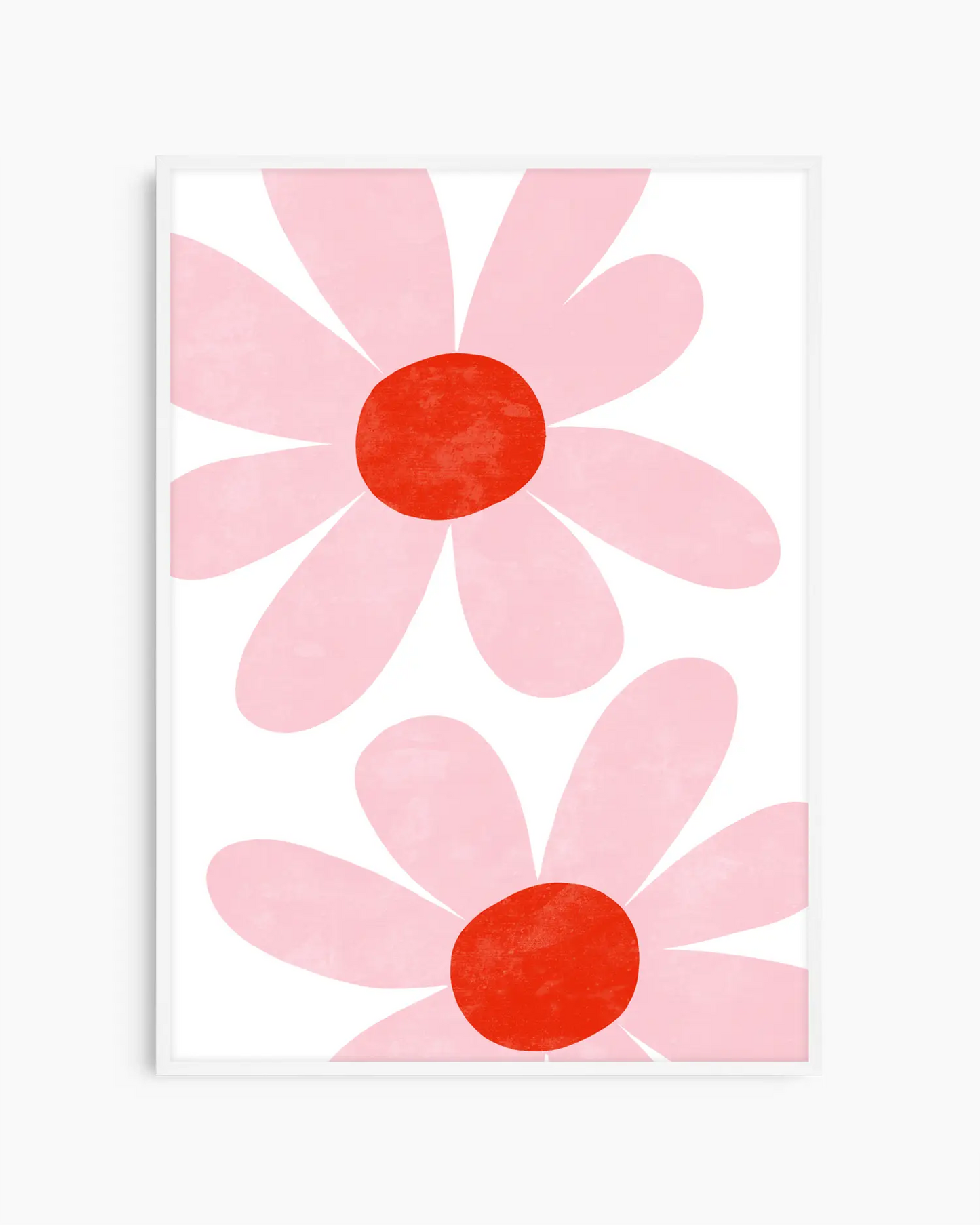 Barntavla med lekfulla rosa blommor och färgstark röd mitt, inramad i vit träram.