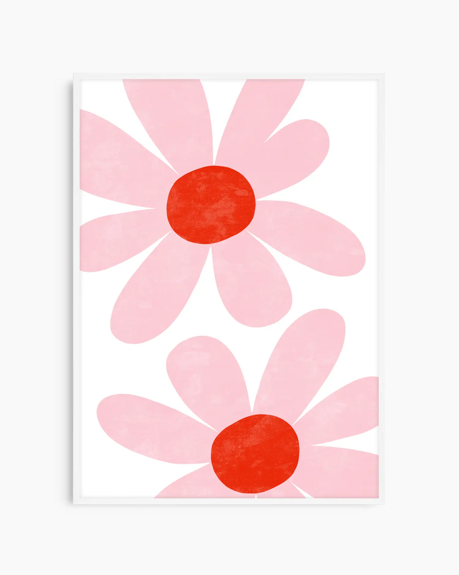 Barntavla med lekfulla rosa blommor och färgstark röd mitt, inramad i vit träram.