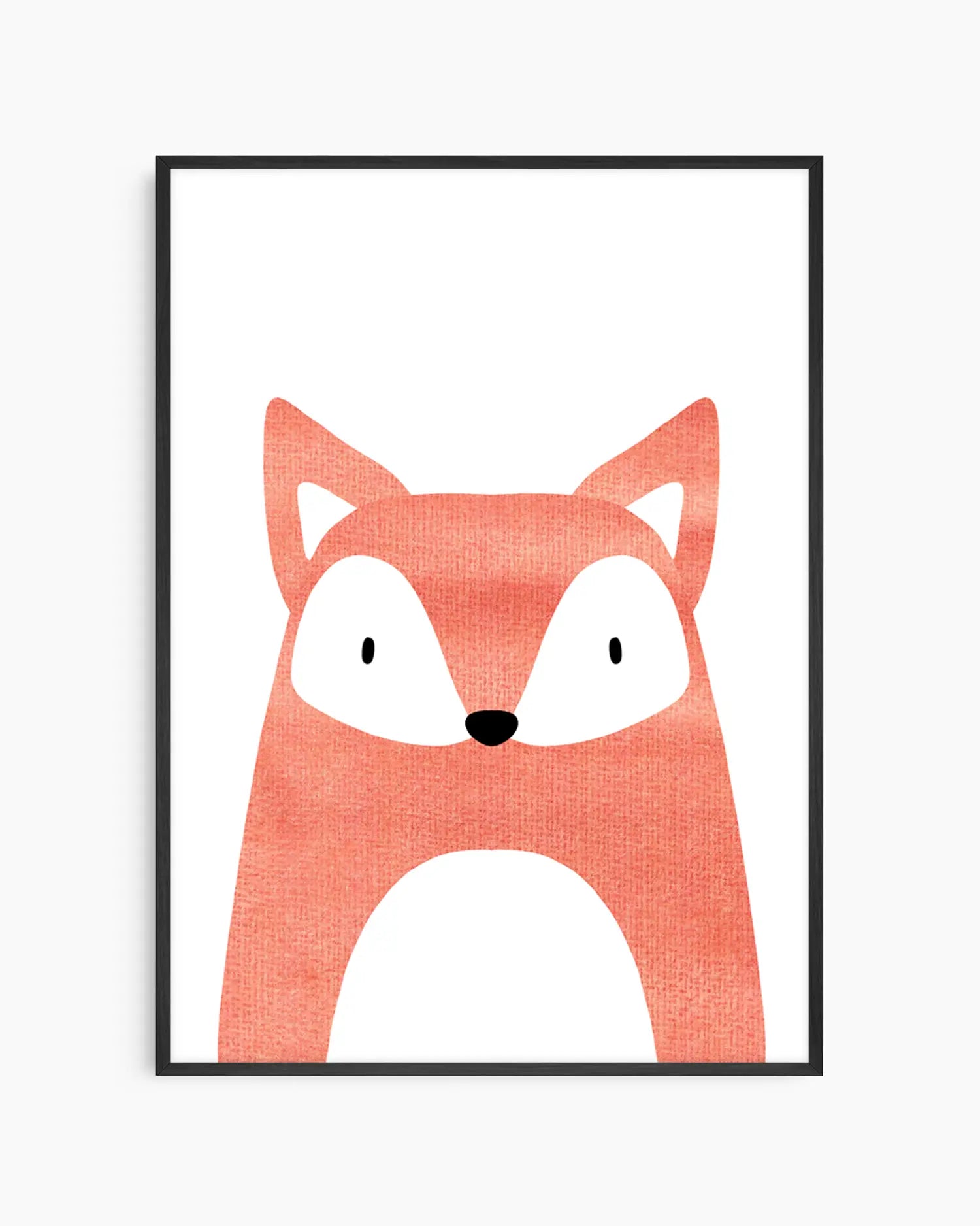 Barntavla med en mjukt illustrerad räv i varma orange toner, inramad i svart träram.