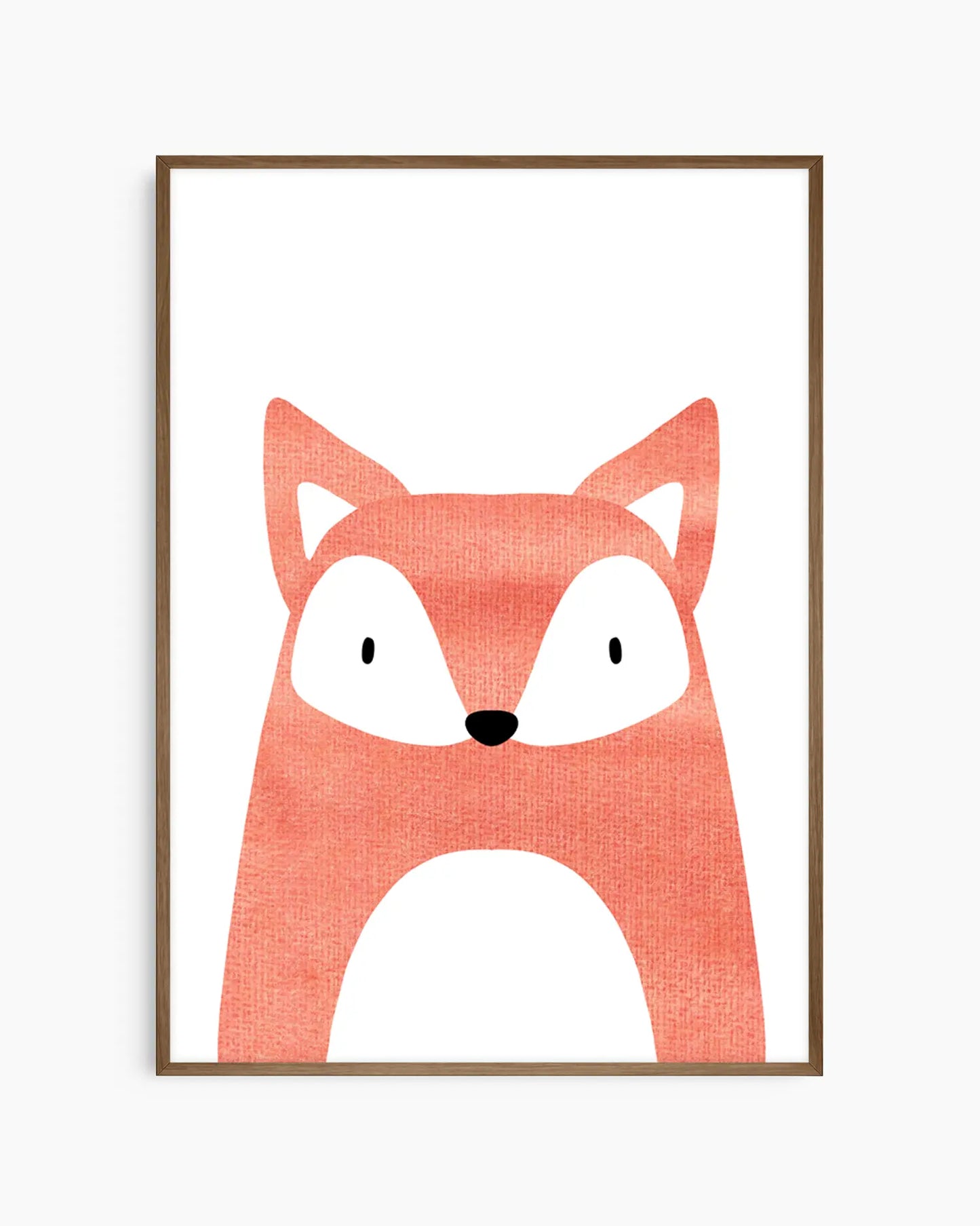 Barnrumstavla med söt minimalistisk rävillustration i dova orange nyanser, inramad i mörk ekram.