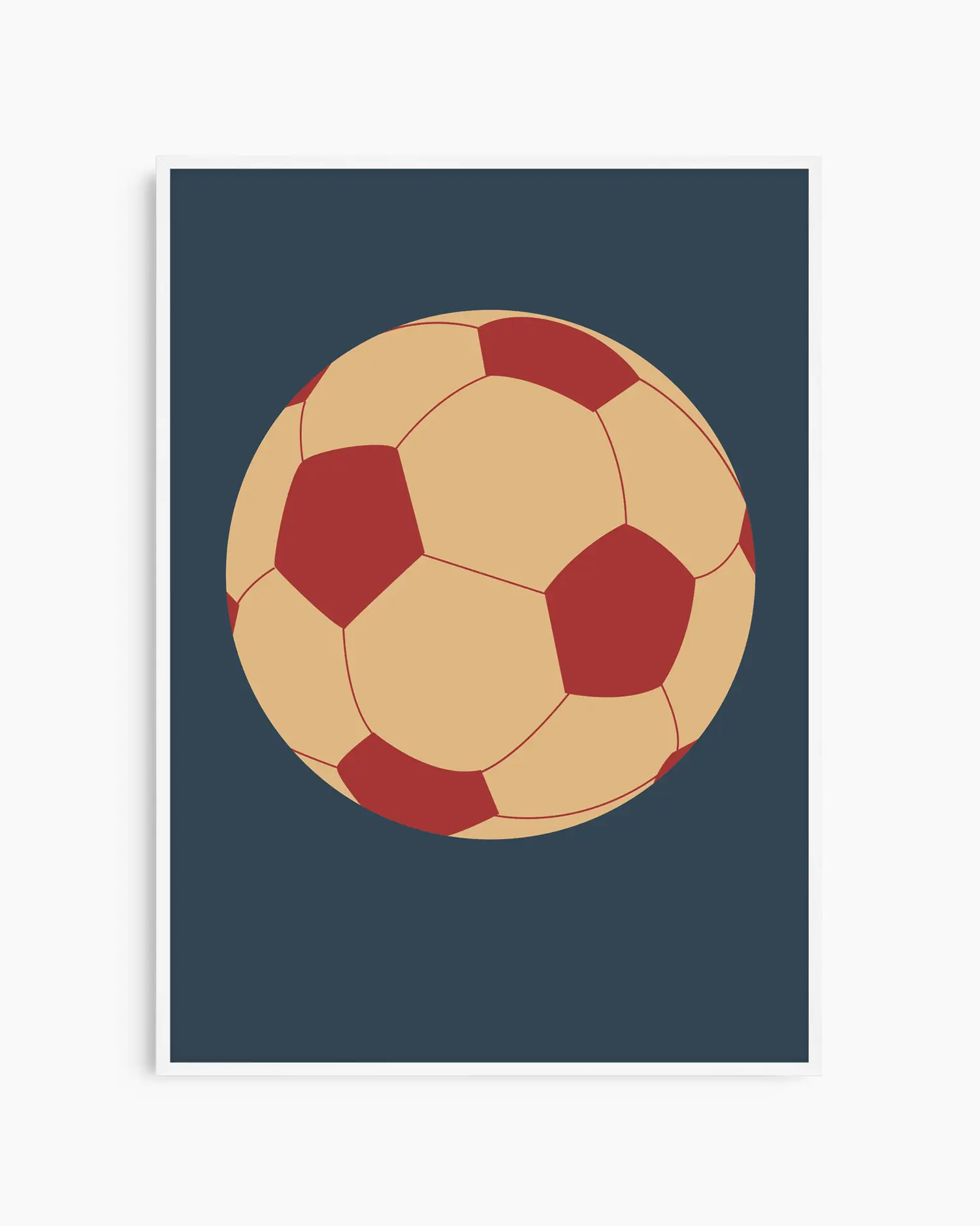 Poster med enkel och charmig fotbollsillustration på mörkblå bakgrund, inramad i vit träram.