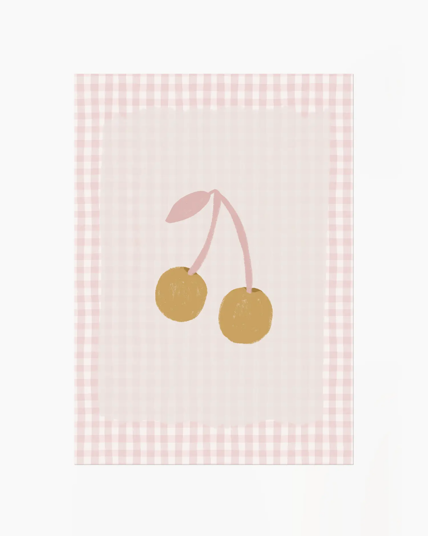 Poster med gyllene körsbär på rosa rutmönster, perfekt som väggkonst i barnrum och lekrum.