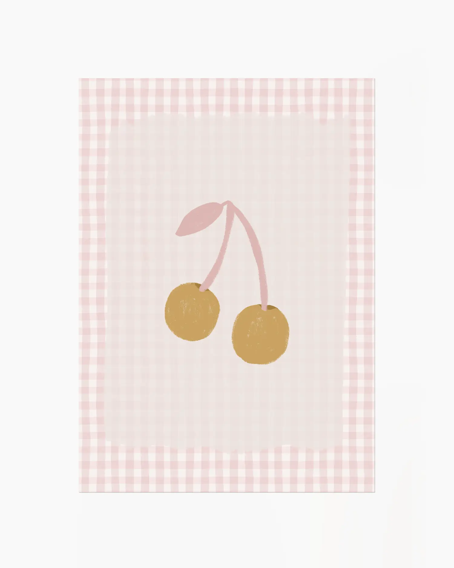 Poster med gyllene körsbär på rosa rutmönster, perfekt som väggkonst i barnrum och lekrum.