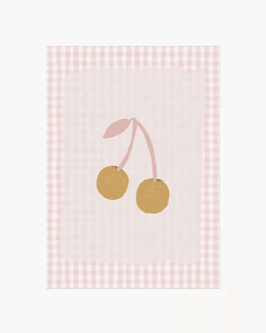 Poster med gyllene körsbär på rosa rutmönster, perfekt som väggkonst i barnrum och lekrum.