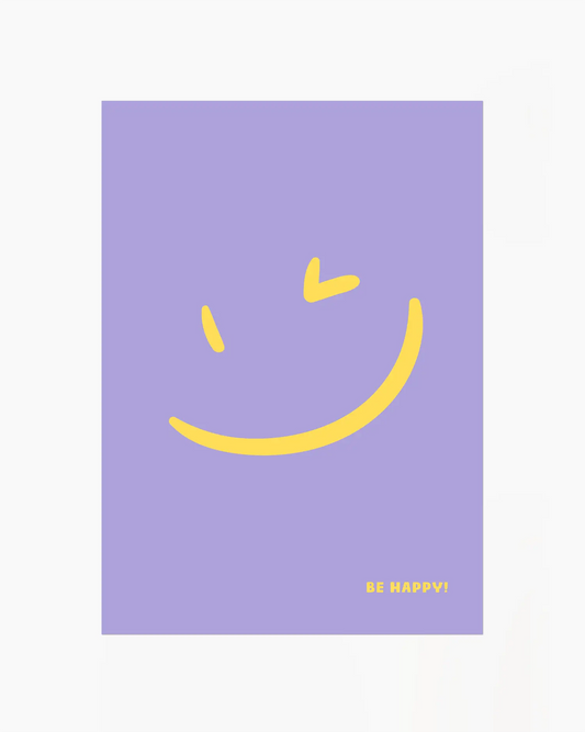 Barntavla med texten "BE HAPPY!" och gult smiley-ansikte på lila bakgrund. En färgglad och optimistisk design som gör varje vägg gladare.