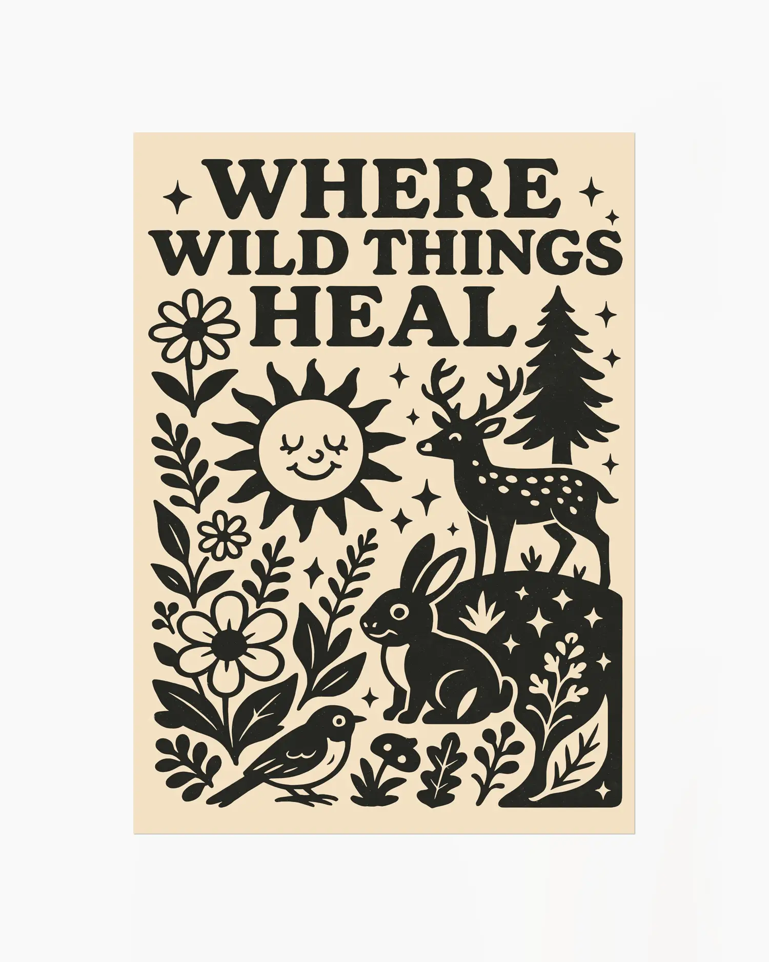 Poster med skogsdjur, blommor och texten "WHERE WILD THINGS HEAL" i mjuka kontraster.