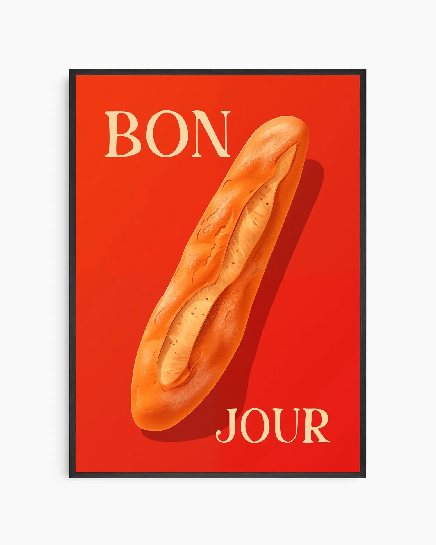 Barntavla med baguette och texten "BON JOUR", inramad i svart träram. En stilren kontrast som låter de röda och gyllene tonerna stå i centrum.